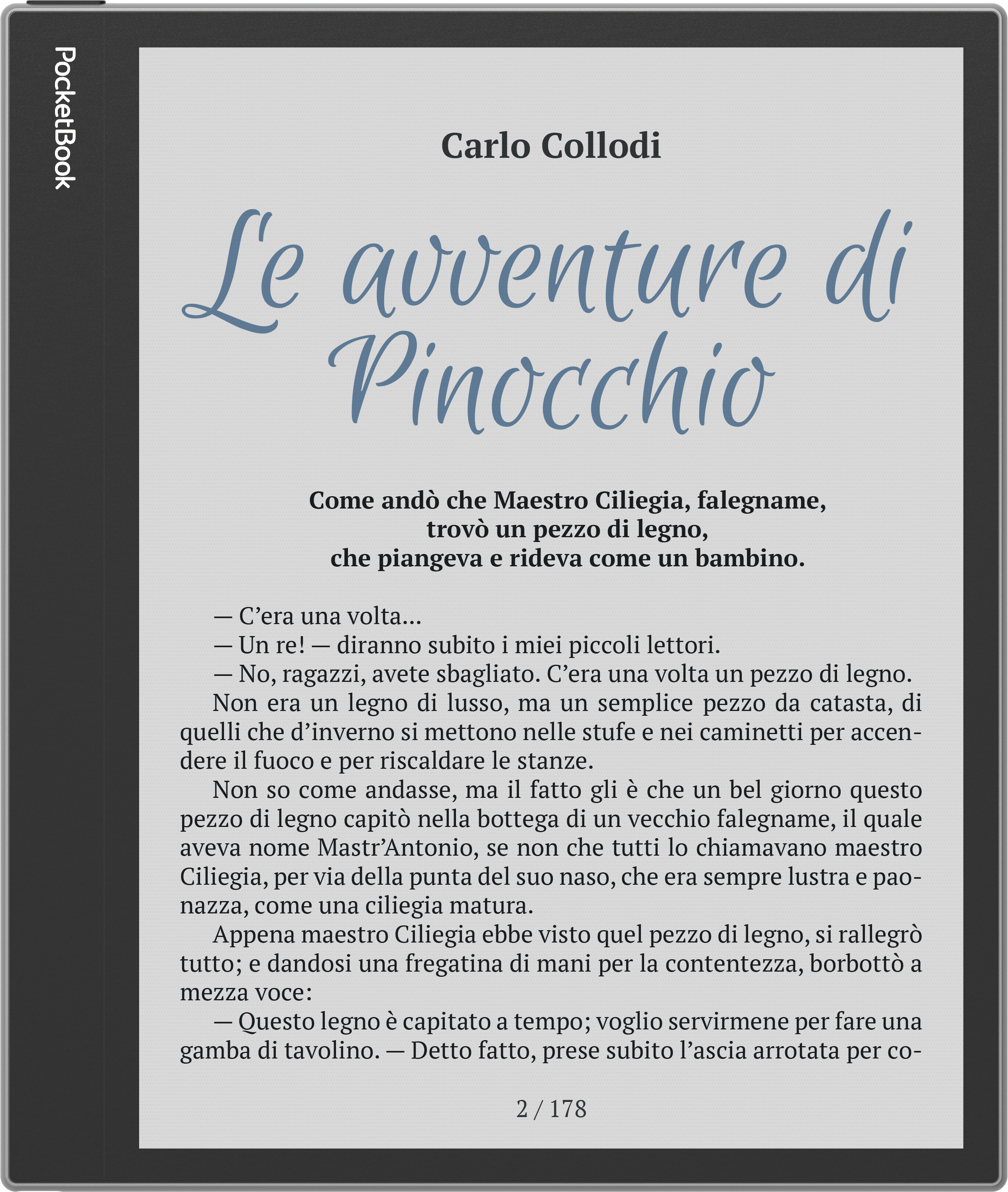 Strona z książki, pokazująca tekst w języku włoskim, z logo PocketBook.