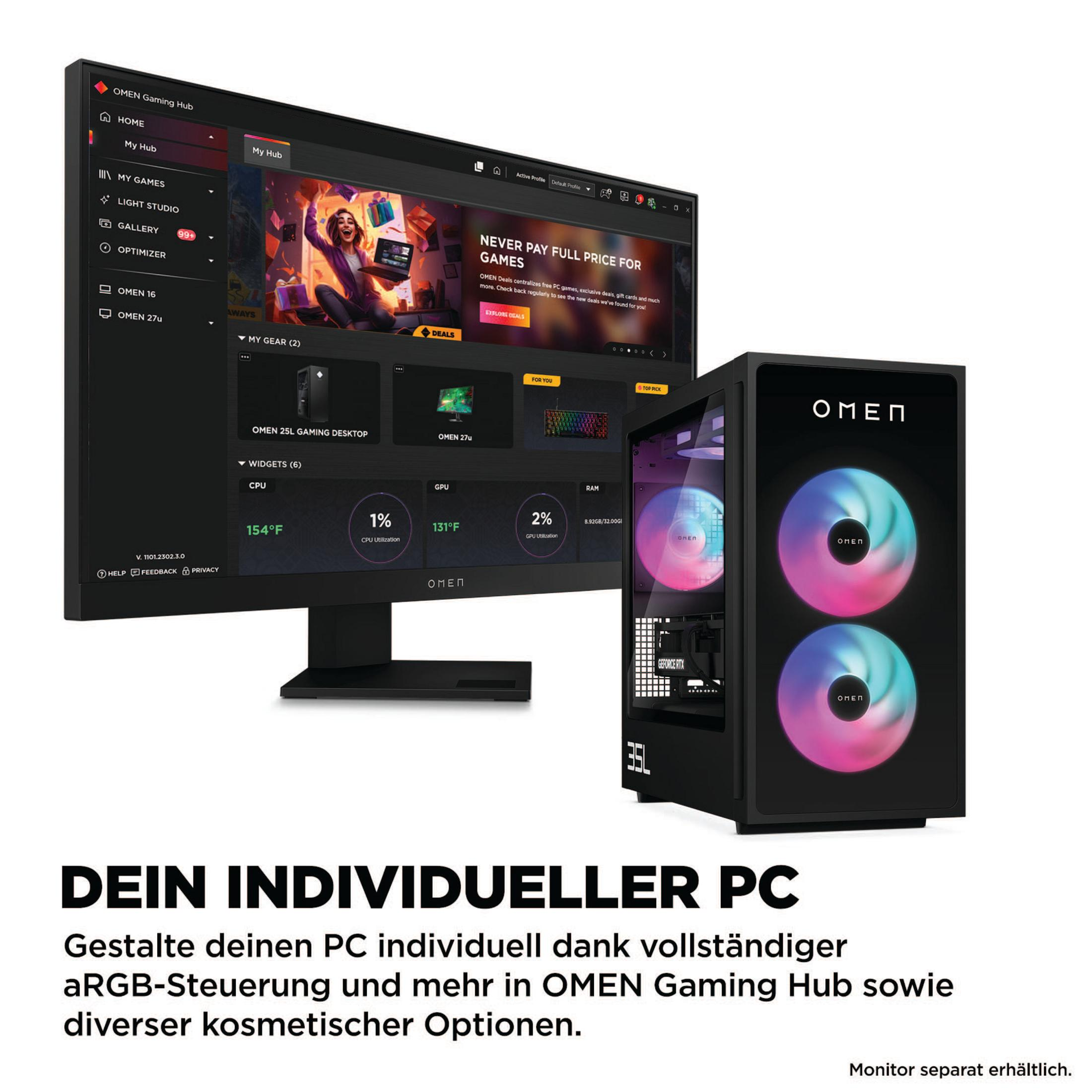 Schwarzes Computer-Setup mit Monitor, der Gaming-Hub zeigt, und einem Desktop.