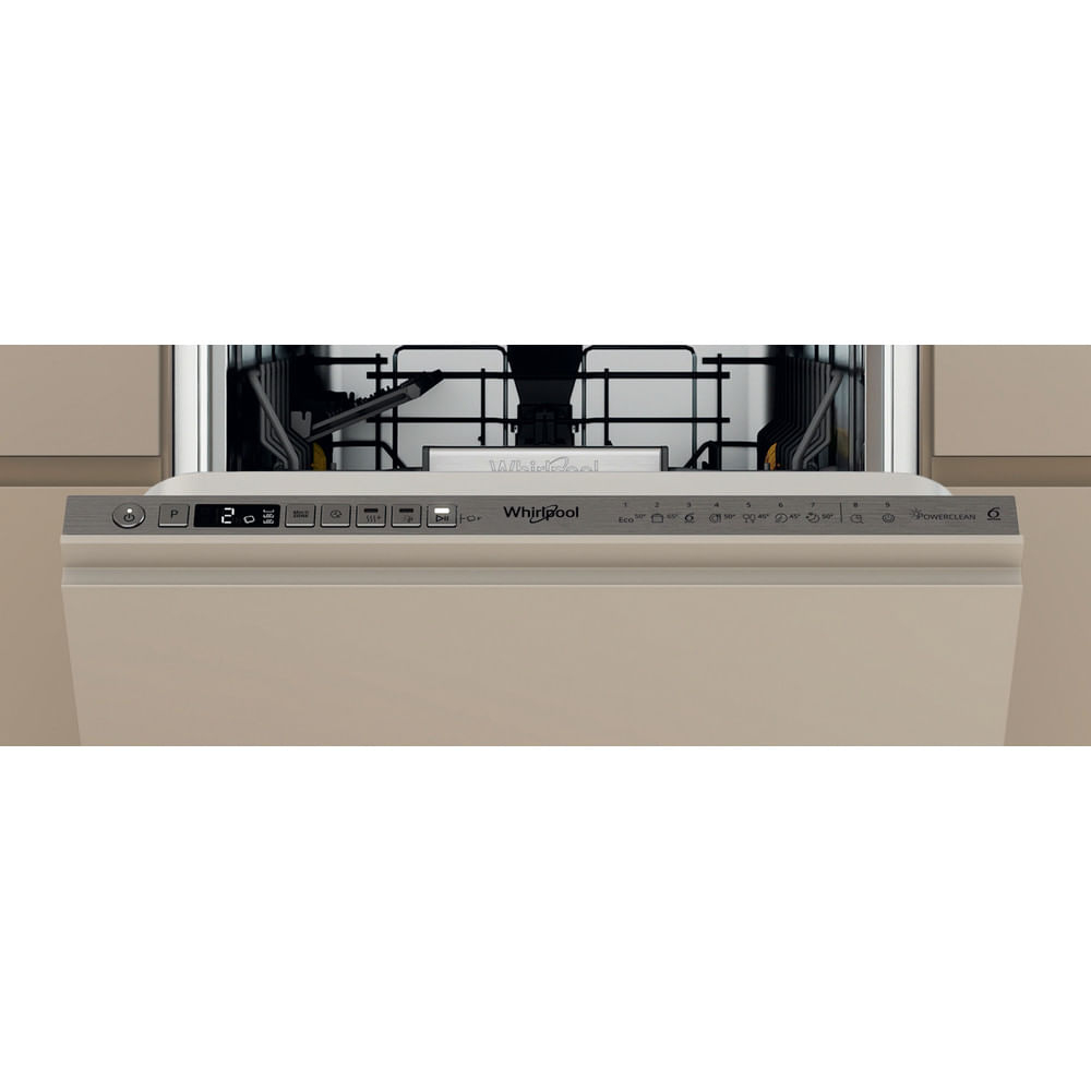 Primer plano del panel de control de un lavavajillas Whirlpool con botones y pantalla, color beige.