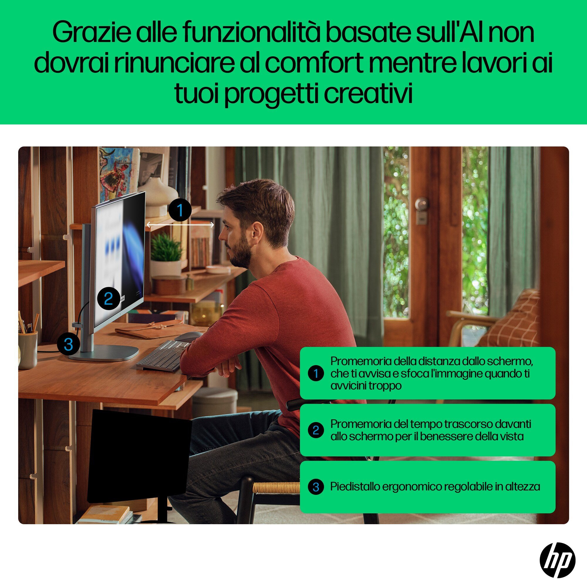 Mężczyzna korzystający z komputera. Ekran pokazuje informacje o zmęczeniu oczu i postawie. Produkt HP.