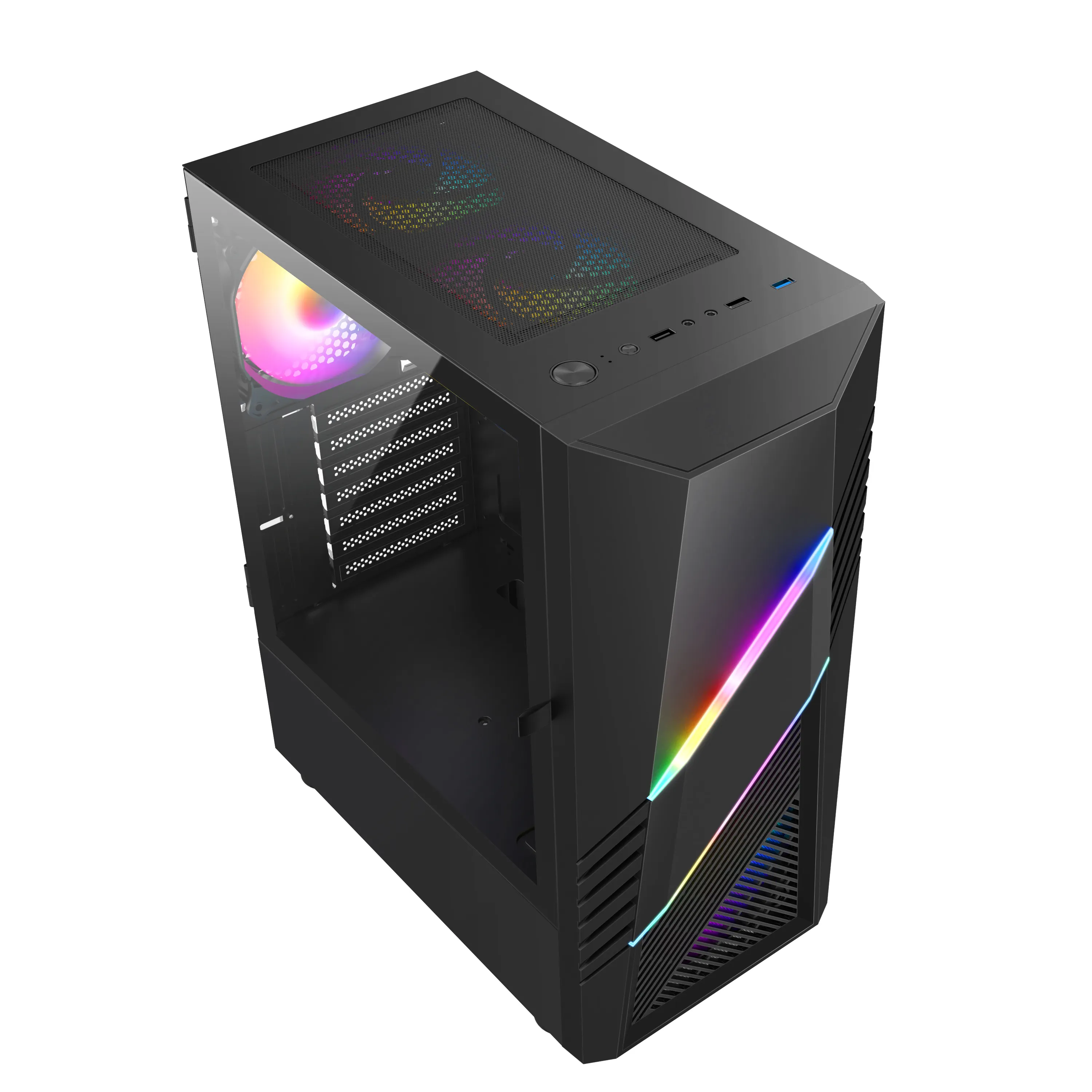 Carcasa de PC negra, panel lateral de vidrio, iluminación RGB, vista superior.