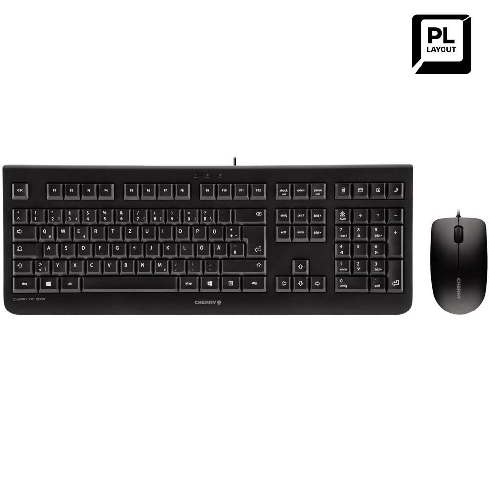 Czarny zestaw klawiatury i myszy Cherry DC 2000 na białym tle.