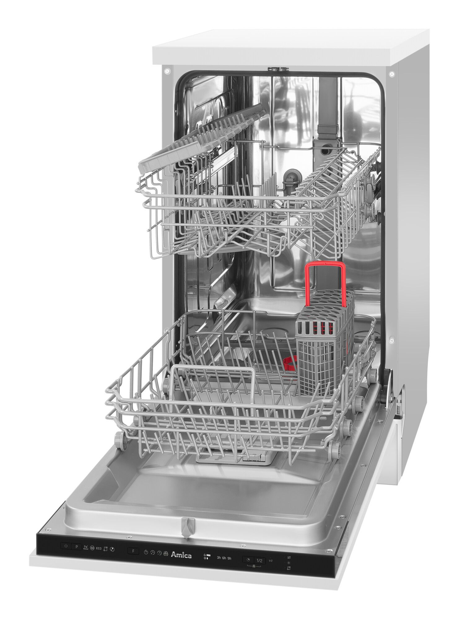Deckenventilator mit schwarzen Blättern, Lichtern und Bildern verschiedener Windgeschwindigkeiten.