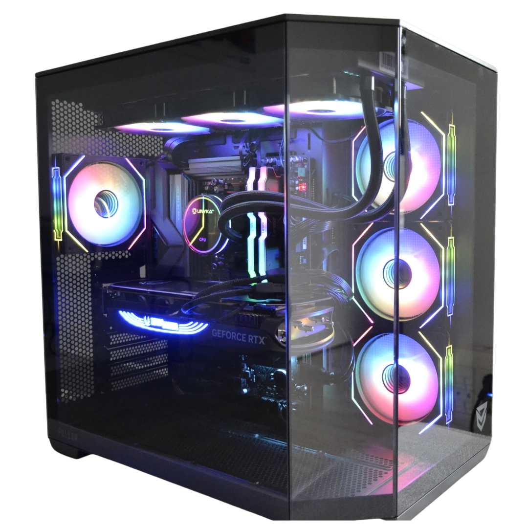 Una caja de PC con múltiples ventiladores y luces brillantes. Componentes visibles a través de un panel de vidrio.