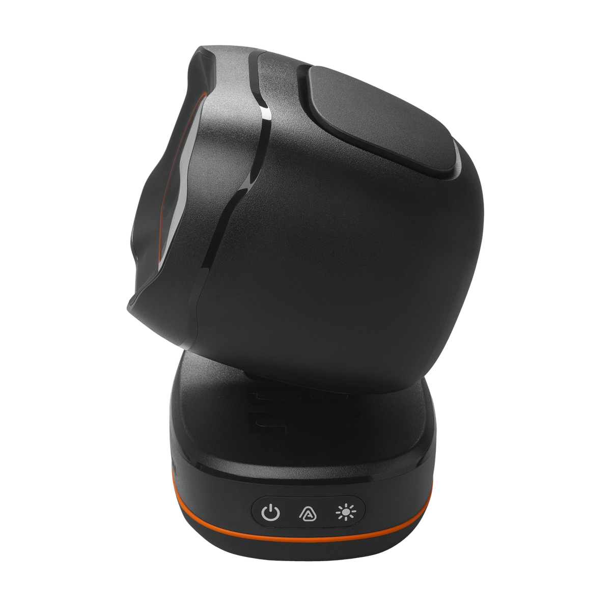 Dispositivo nero e futuristico su una base, con dettagli e pulsanti arancioni. È un altoparlante o una fotocamera.
