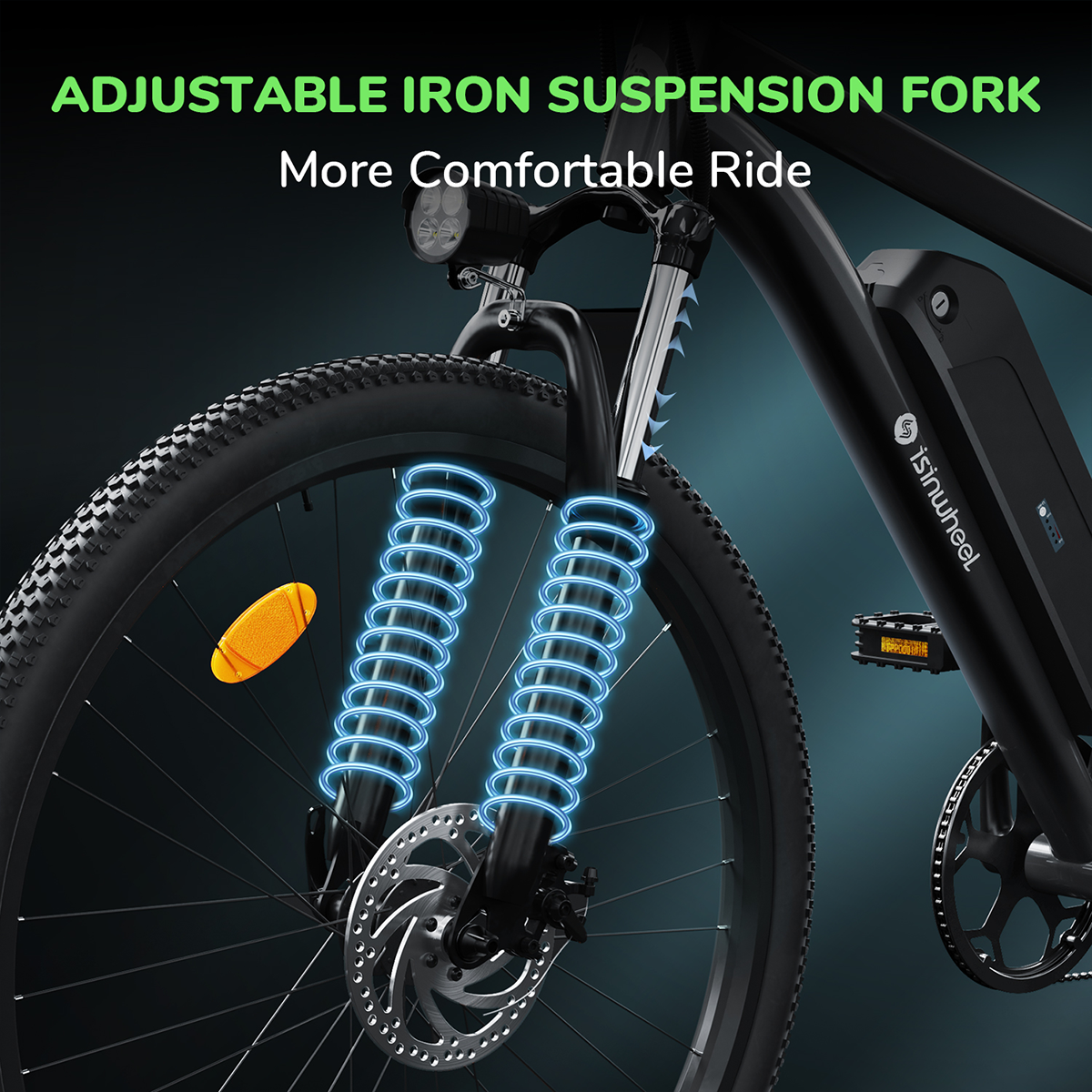 Rower z regulowanym żelaznym widelcem zawieszenia. Tekst znajduje się w lewym górnym rogu.