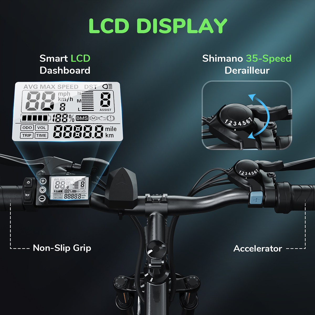 Wyświetlacz na kierownicy roweru elektrycznego. Pokazuje prędkość, trasę i szczegóły biegów.