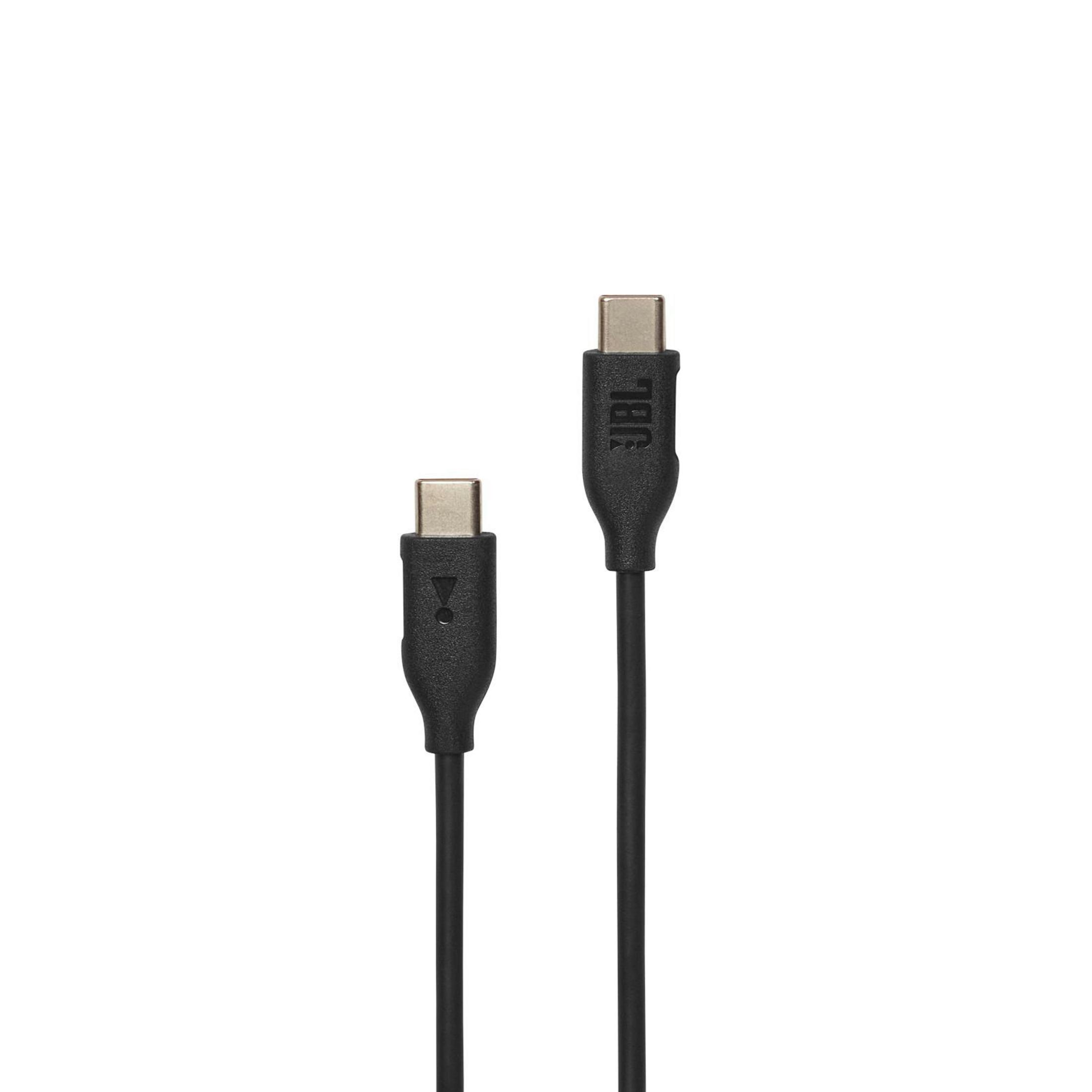Due cavi USB-C neri. Logo JBL su uno. Sfondo nero.