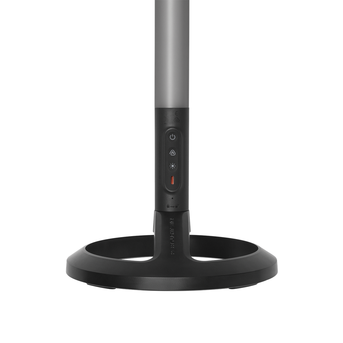 Base di una lampada nera con pulsanti e un palo argentato.