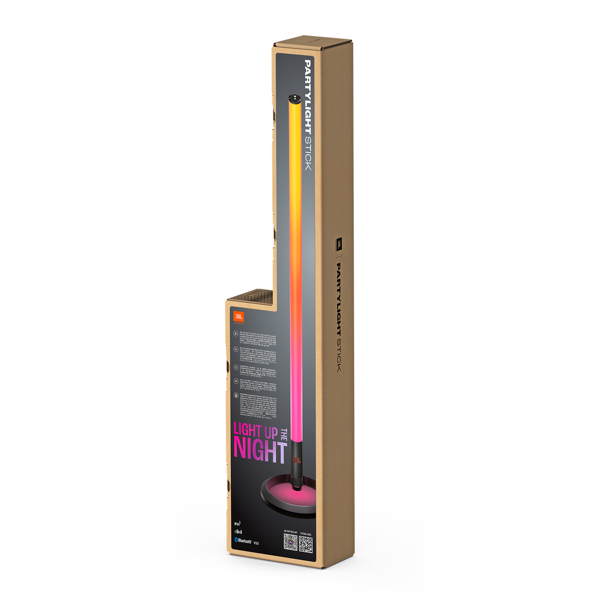 JBL PartyLight Stick in scatola. L'asta ha un colore sfumato. Testo sulla scatola: LIGHT UP THE NIGHT.