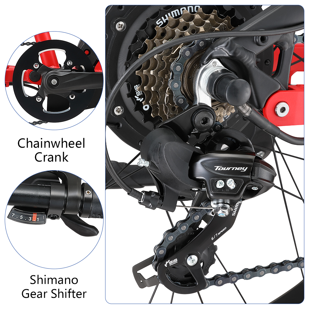 Zbliżenie elementów roweru: korba zębatki, manetka Shimano i przerzutka tylna.