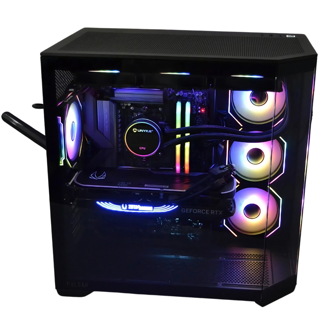 Una caja de ordenador negra con componentes internos, incluyendo un enfriador de CPU, tarjeta gráfica y ventiladores con luces RGB.