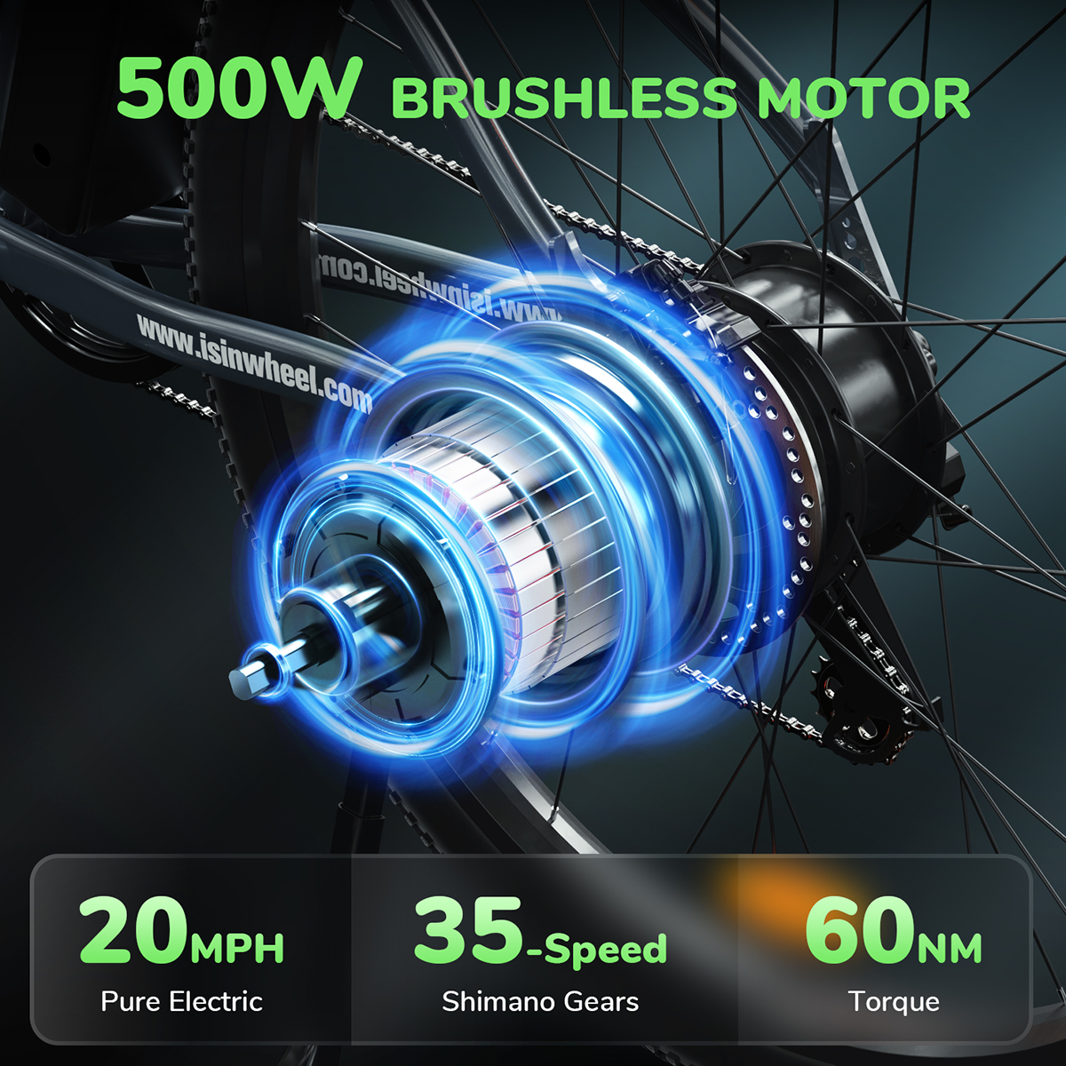 Tylne koło roweru elektrycznego z silnikiem bezszczotkowym 500W, prędkością 20MPH, 35-biegową przerzutką Shimano i momentem obrotowym 60NM.