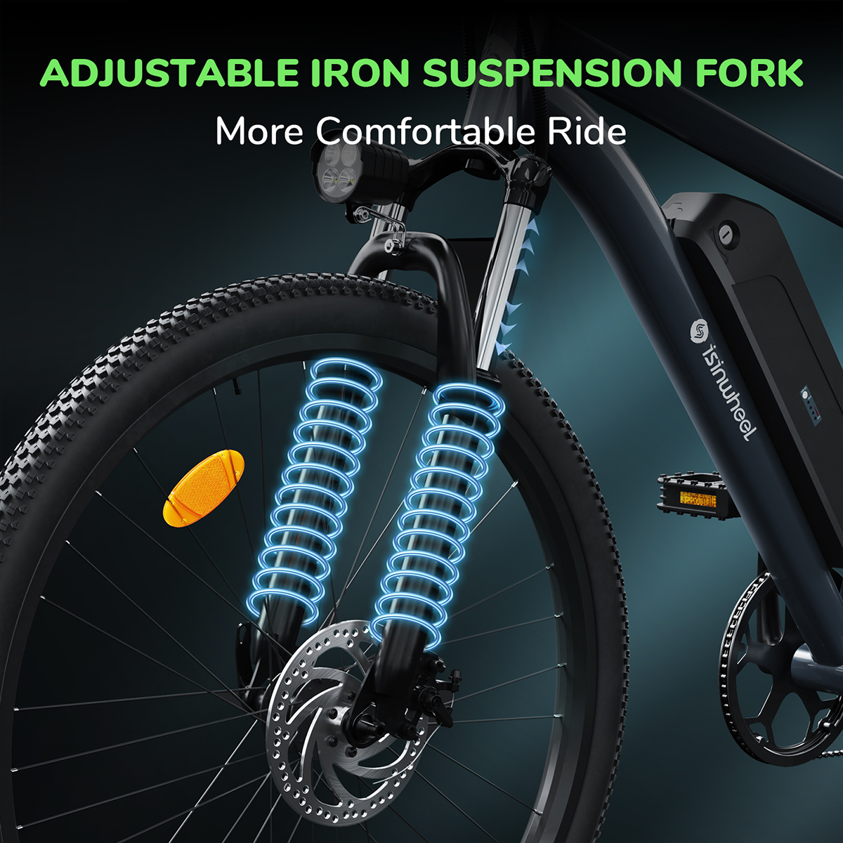 Czarny przód roweru z widelcem amortyzowanym. Tekst: Regulowany żelazny widelec amortyzacyjny.