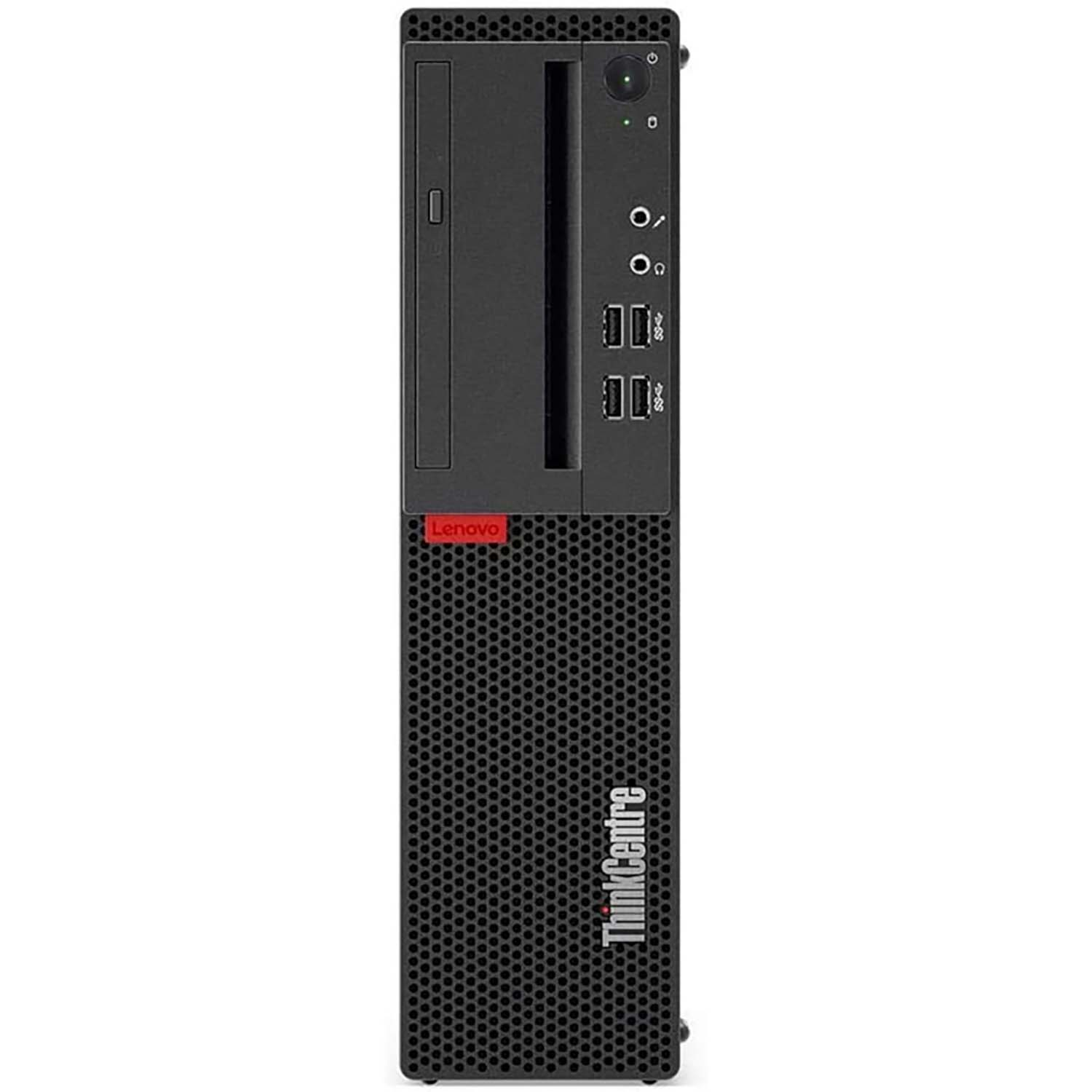 Un ordenador de sobremesa Lenovo ThinkCentre negro. Negro con logotipo rojo Lenovo.