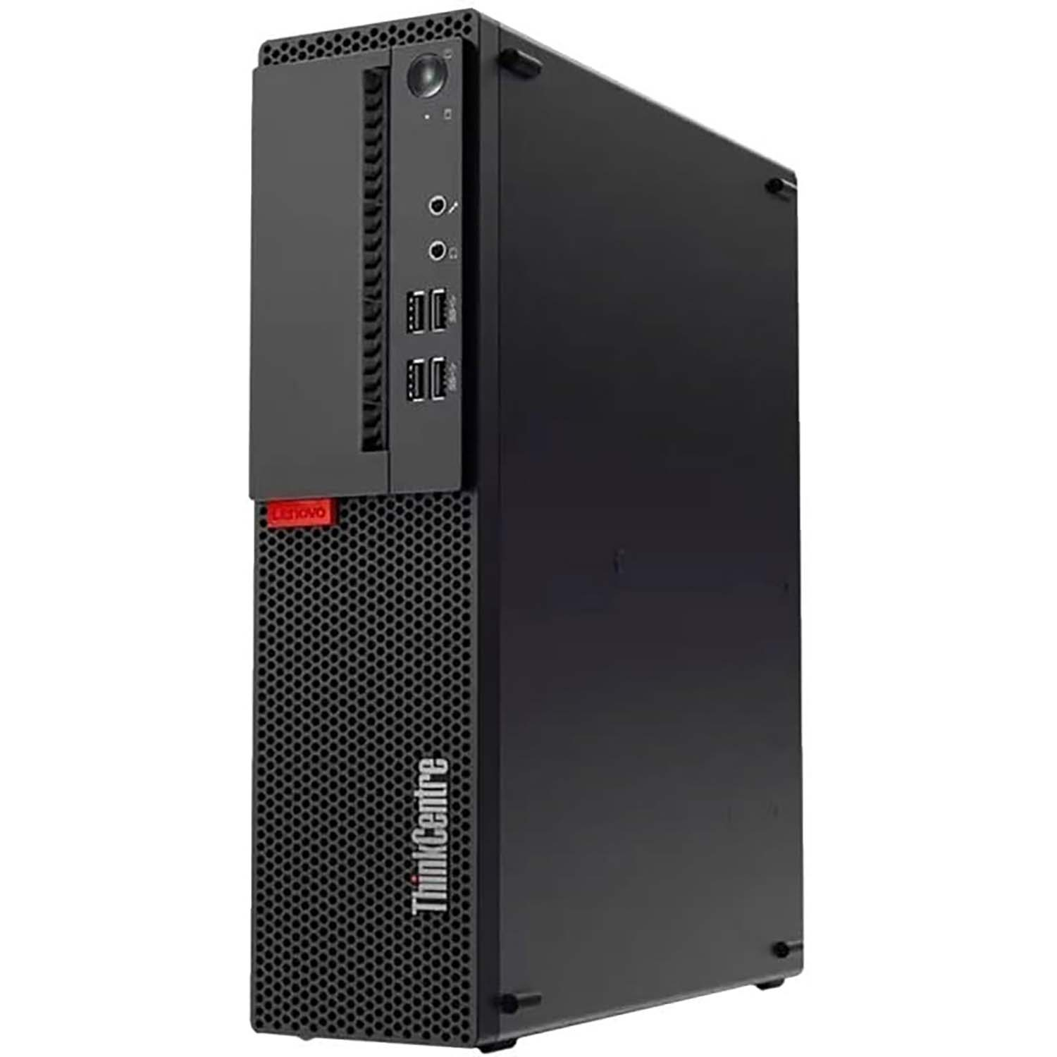 Torre de ordenador negra con logotipos de Lenovo y ThinkCentre en la parte frontal. Tiene puertos y botones.