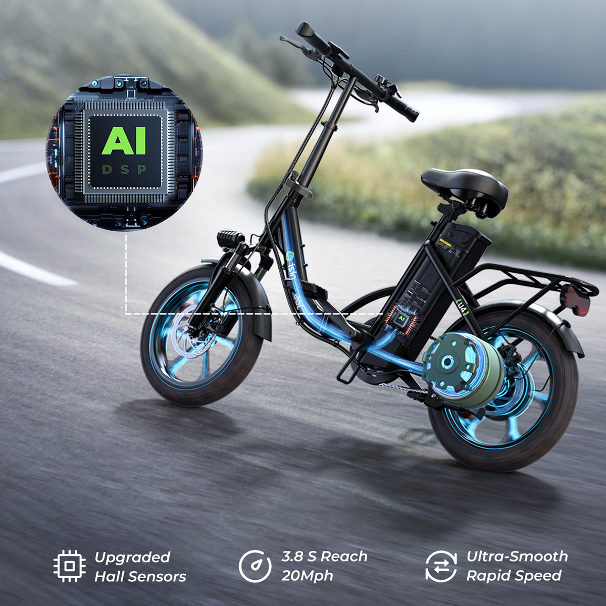 Czarny skuter elektryczny z technologią AI DSP.