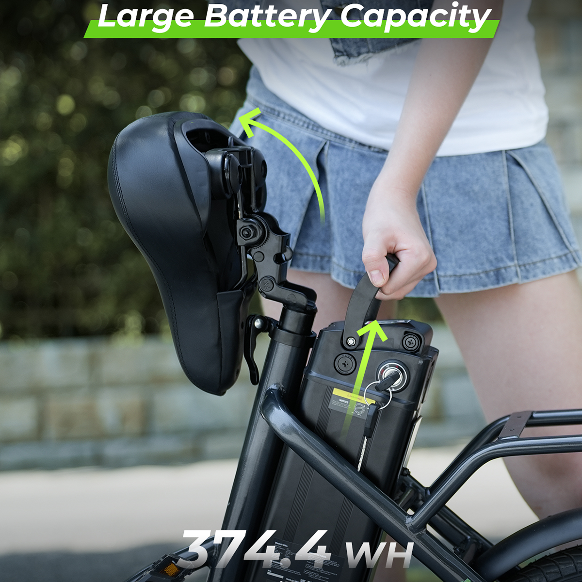 Osoba trzymająca siodełko rowerowe ze strzałką wskazującą na baterię. Tekst brzmi 374,4 WH.