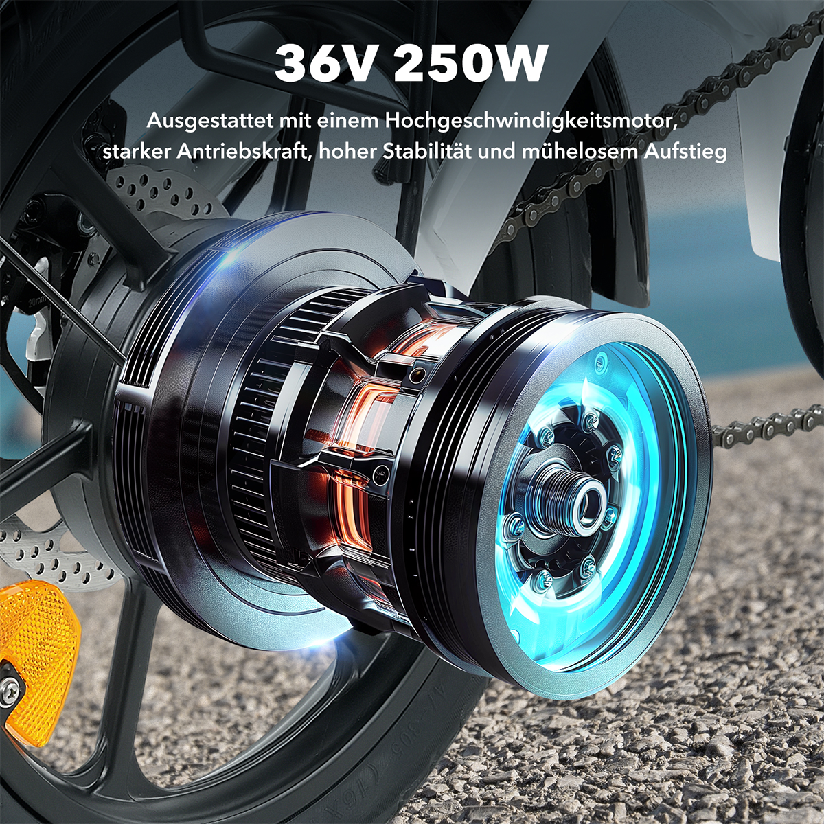 Silnik roweru elektrycznego. Zbliżenie na koło i silnik z nakładką tekstową, wyświetlającą specyfikacje.