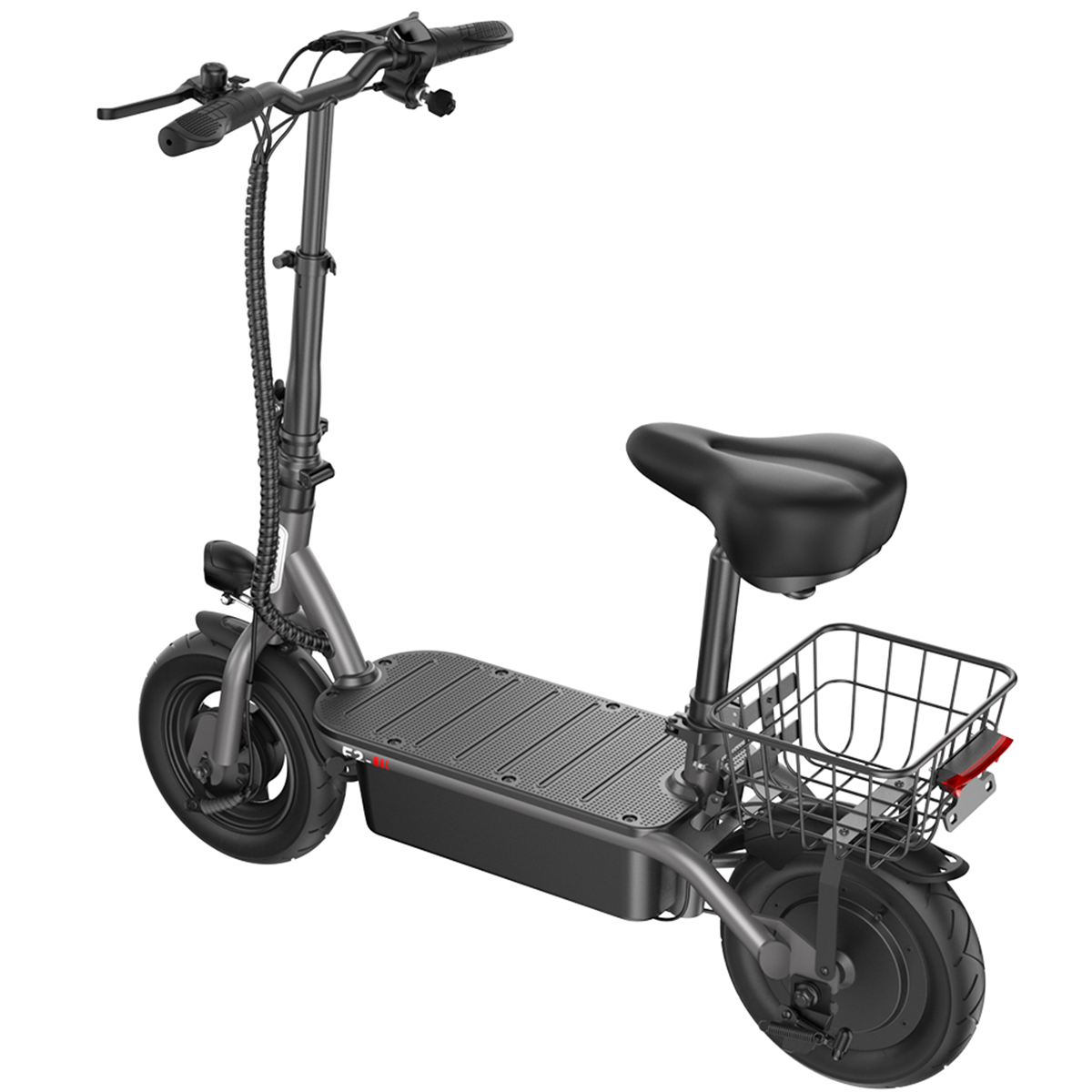 Szary skuter elektryczny z siedzeniem i koszem. Czarne koła, kierownica i tylne światło. Białe tło.