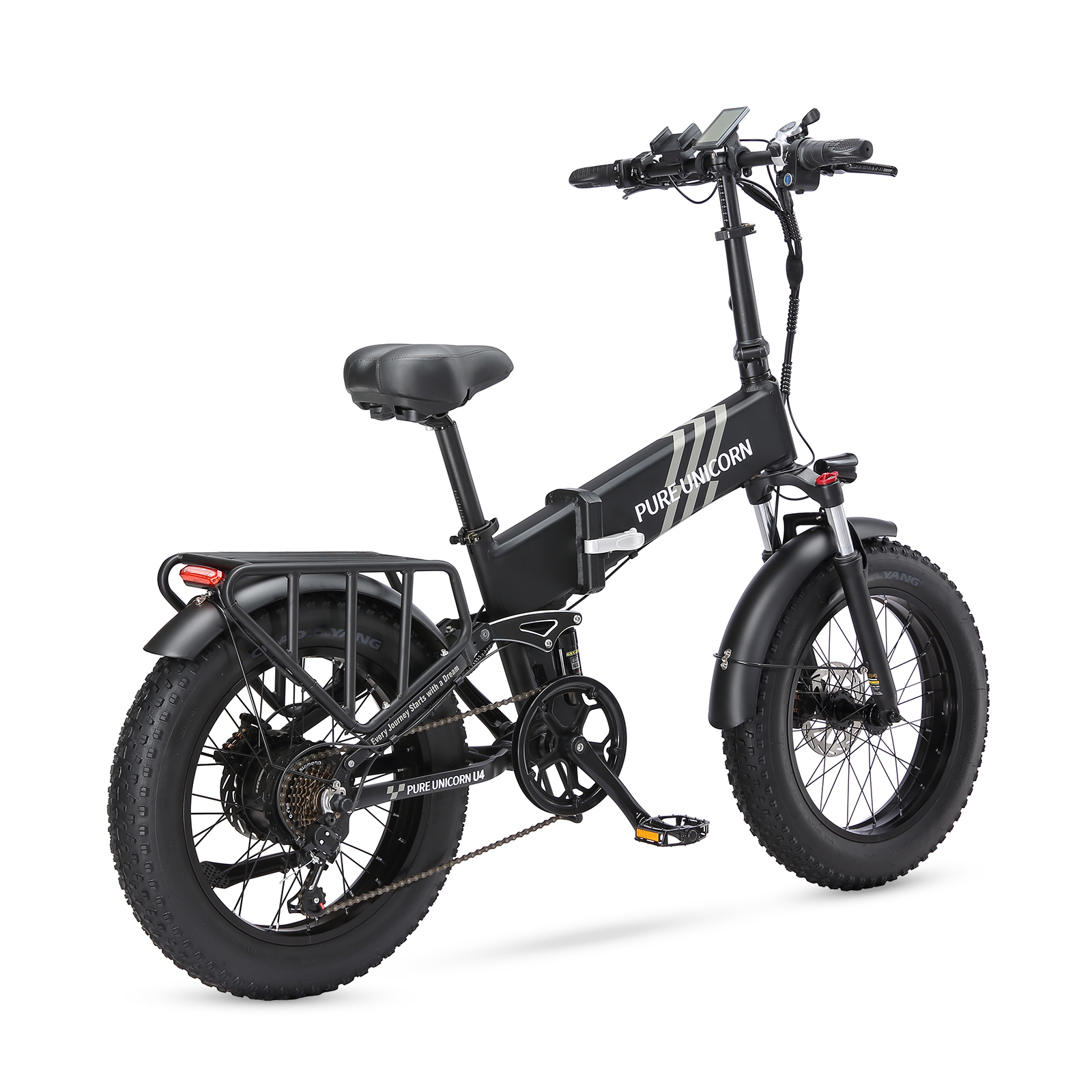 Czarny rower elektryczny Pure Unicorn U4 ze światłem tylnym i podpórką na czarnym tle.