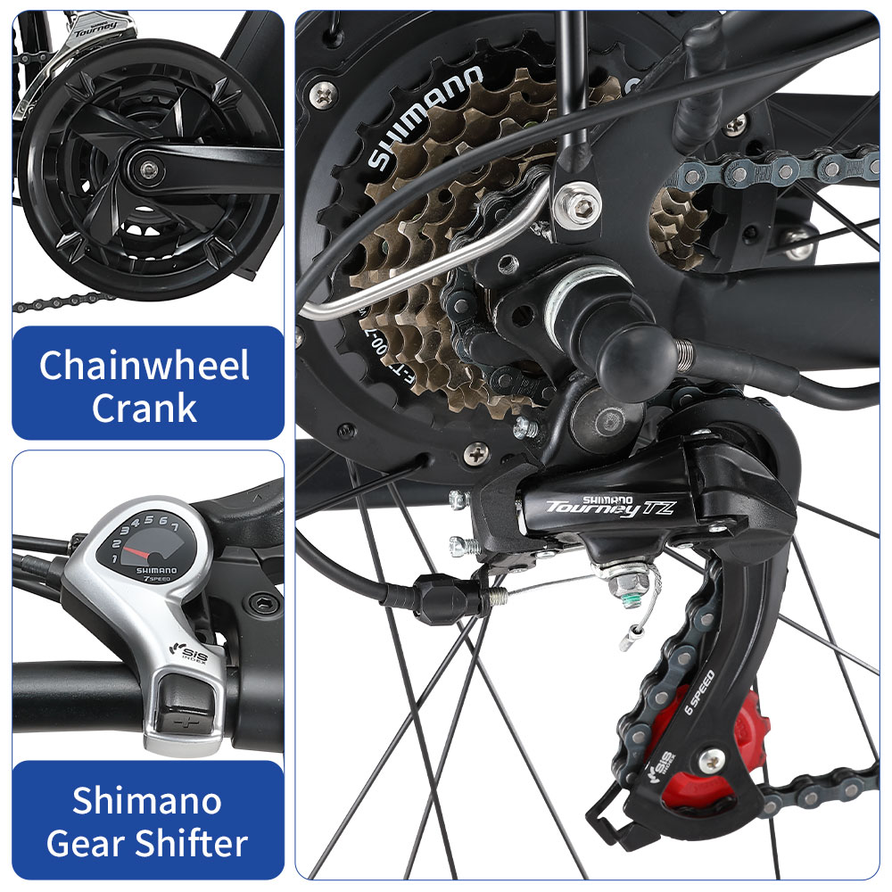 Zbliżenie części roweru: korba, dźwignia zmiany biegów i przerzutki Shimano.