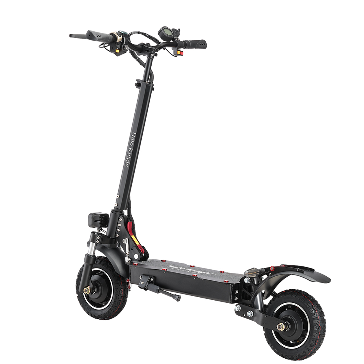 Czarna hulajnoga Halo Knight, dwa koła, czarna rama, światła włączone, białe tło.