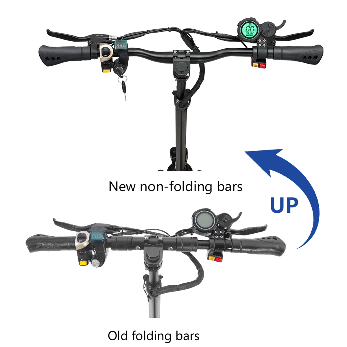 Dwie kierownice hulajnóg, jedna z nowymi, nie składanymi drążkami, a druga ze starymi, składanymi, ze strzałką.