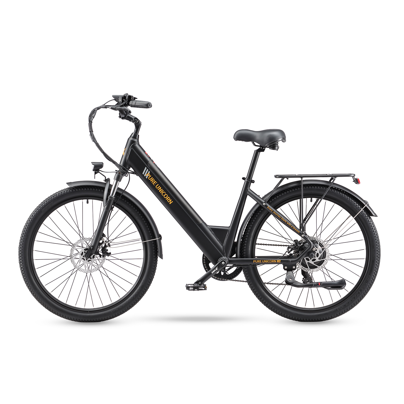 Czarny rower elektryczny z pomarańczowym logo Pure Unicorn i czarnymi oponami.
