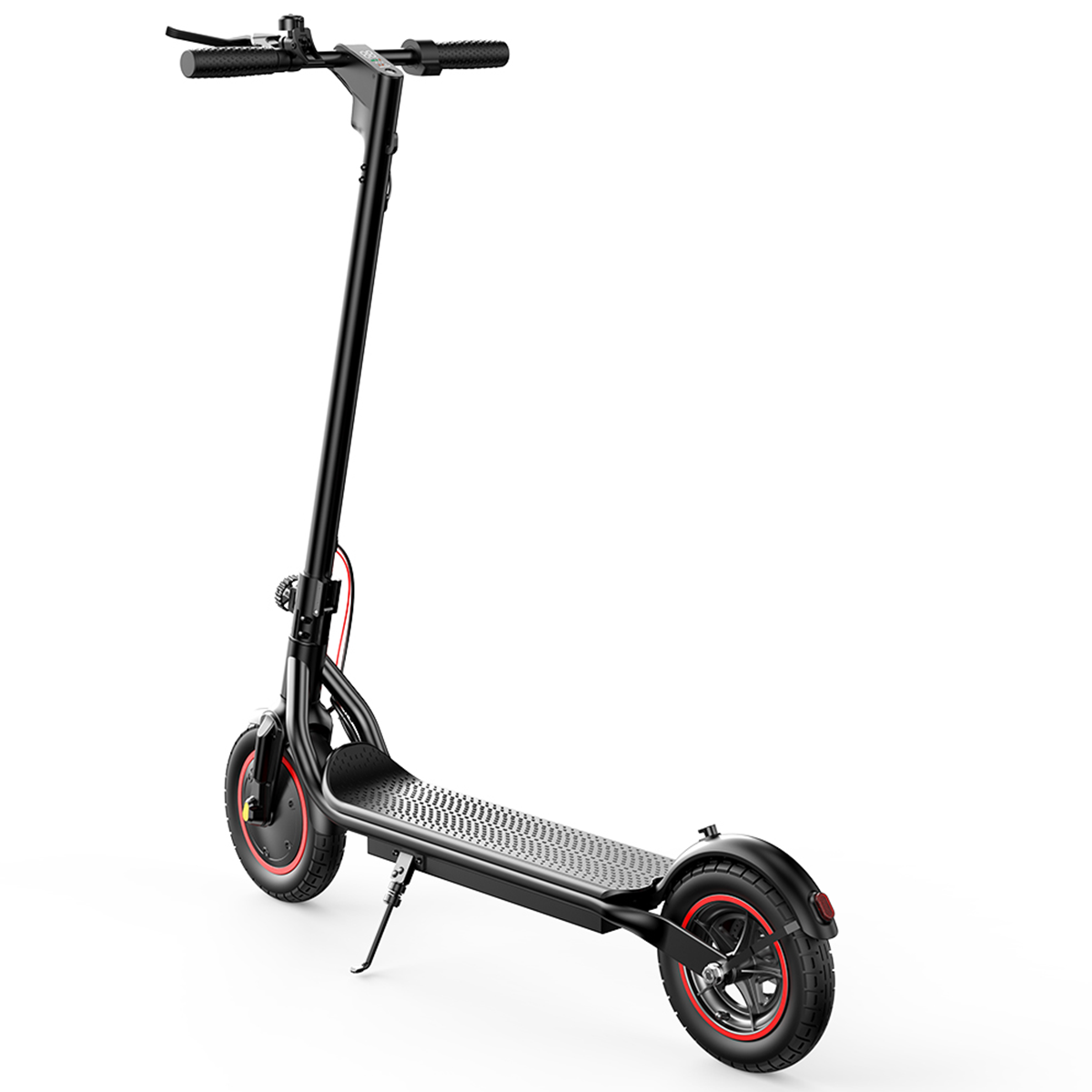 Czarna hulajnoga elektryczna z czerwonymi akcentami na kołach, kierownicy i czarnym pokładzie. Oparta na podpórce.