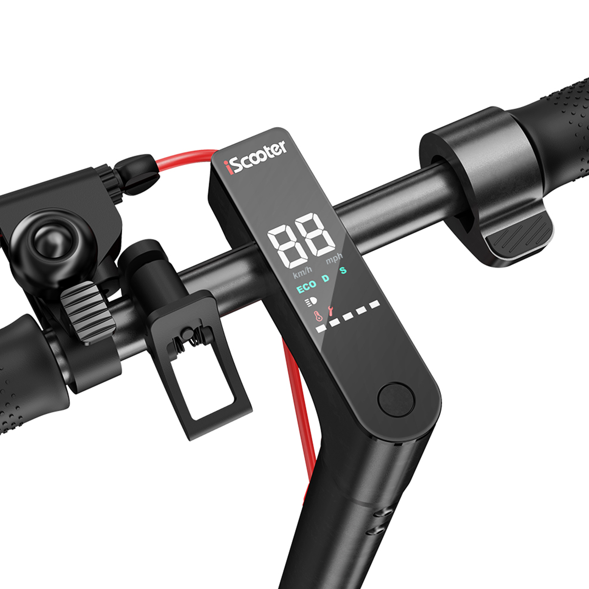 Zbliżenie kierownicy hulajnogi z cyfrowym wyświetlaczem pokazującym prędkość.