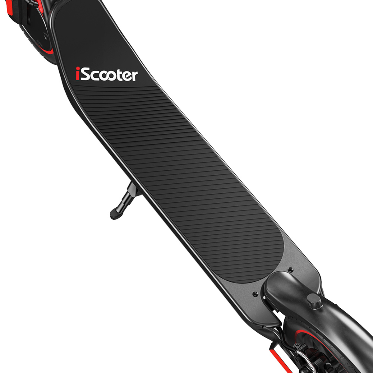 Zbliżenie na pokład hulajnogi z logo iScooter i podpórką.