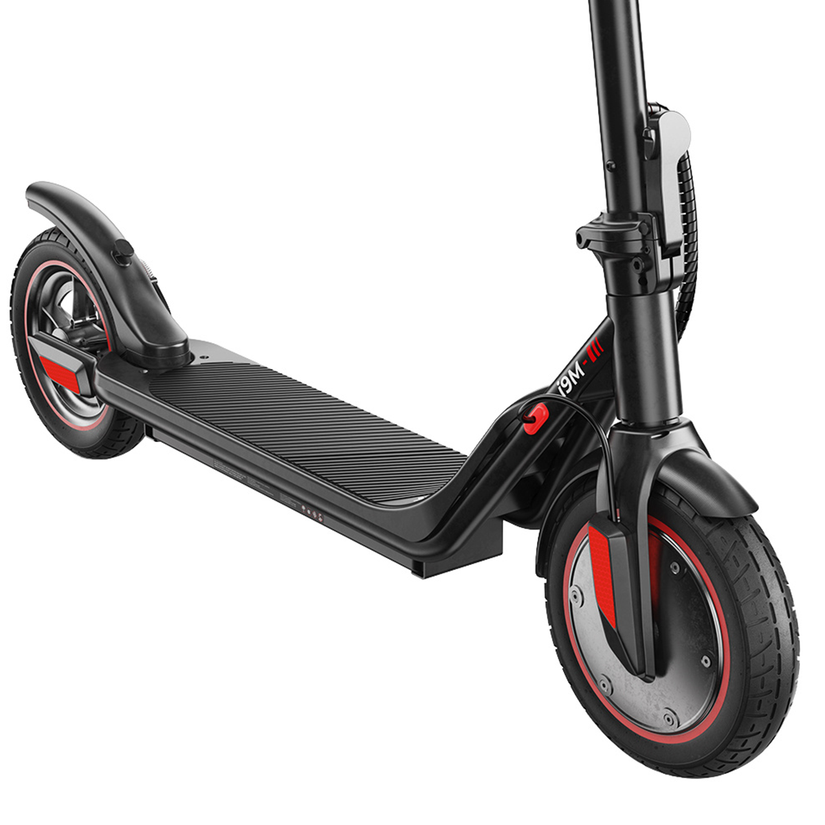 Hulajnoga elektryczna, czarna z czerwonymi akcentami na kołach.