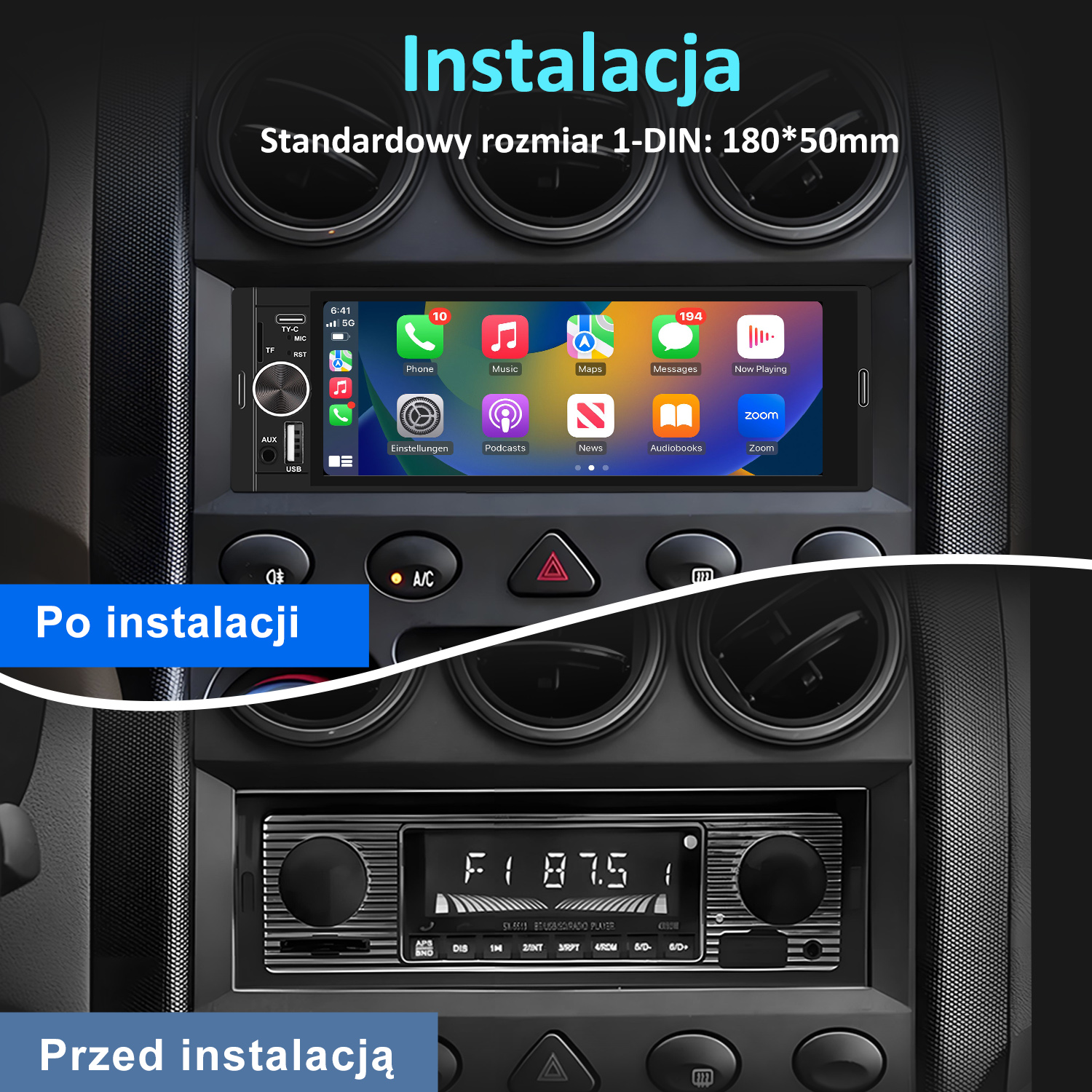 Porównanie instalacji radia samochodowego: stare radio vs. nowy ekran dotykowy z nawigacją.