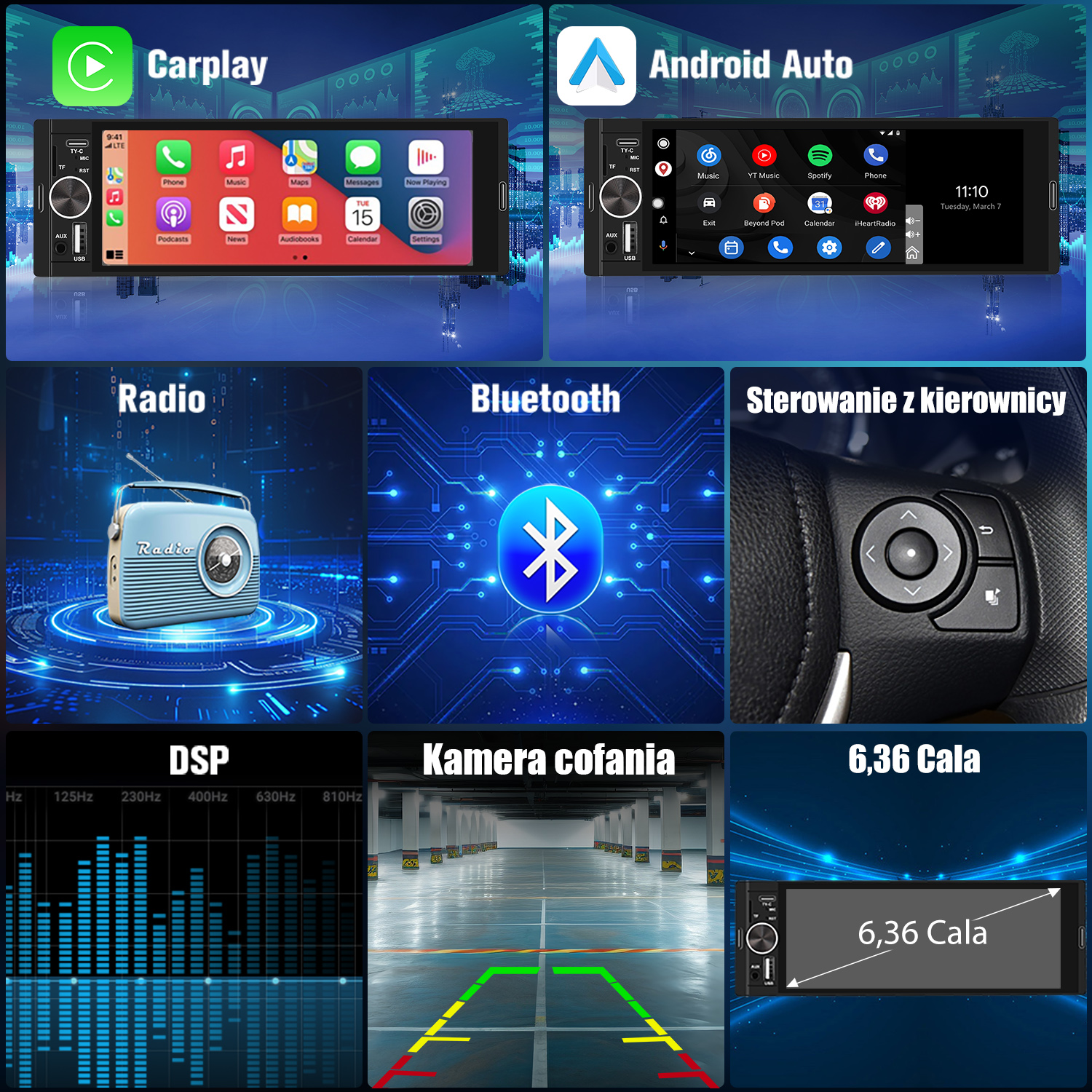 Radio samochodowe pokazujące CarPlay, Android Auto, Radio, Bluetooth, Sterowanie kierownicą, DSP i kamerę cofania.