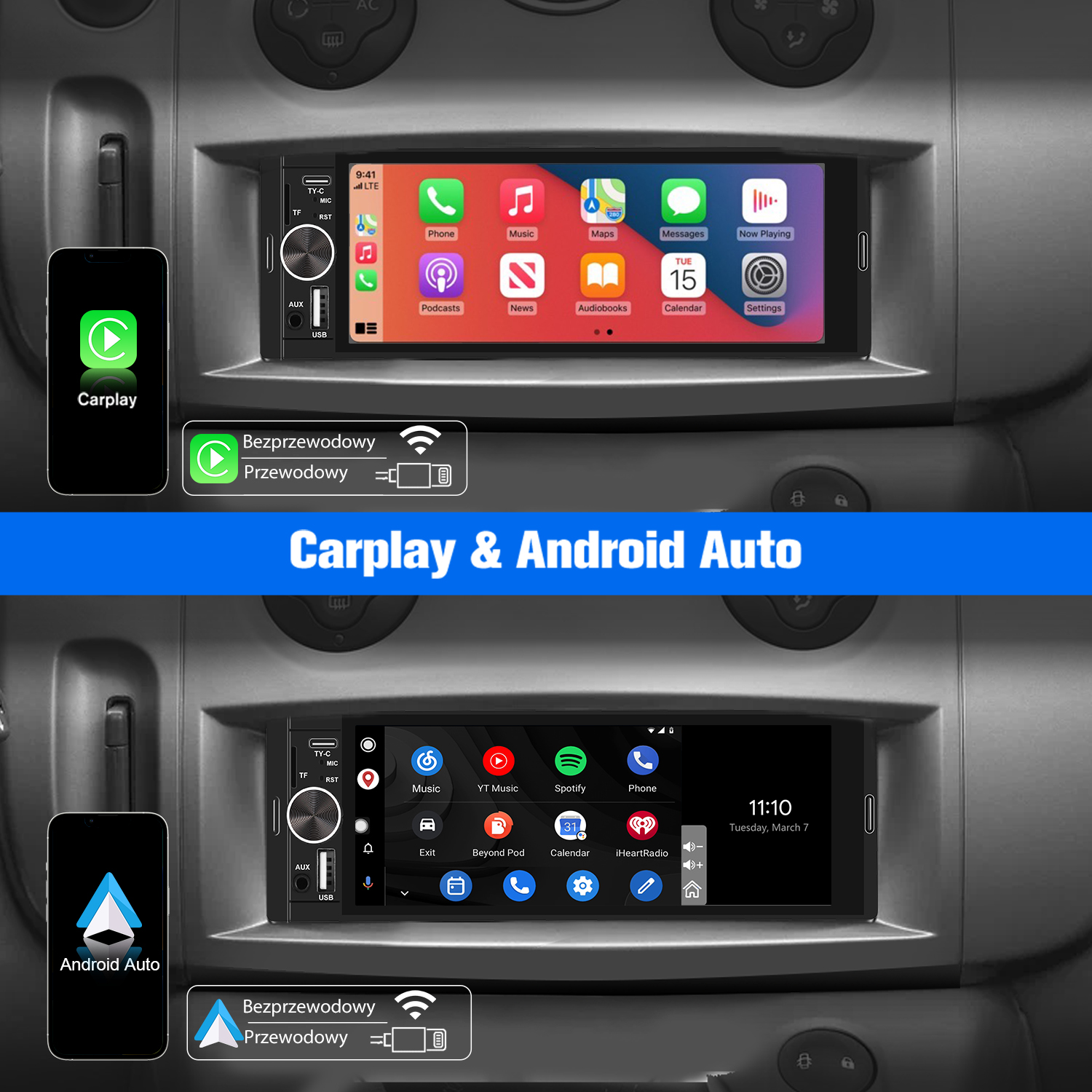 Radio samochodowe z wyświetlaczem Apple CarPlay i Android Auto, pokazujące aplikacje i interfejs telefonu. Bezprzewodowe i przewodowe.