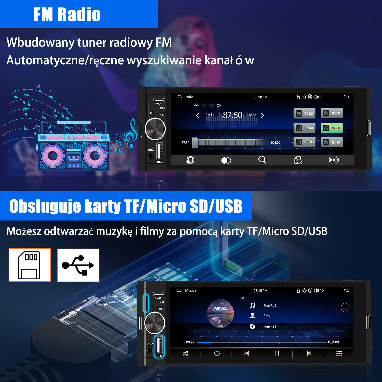 Radio samochodowe z interfejsem radia FM. Wyświetla stacje radiowe, obsługuje TF/Micro SD/USB. Tekst po polsku.