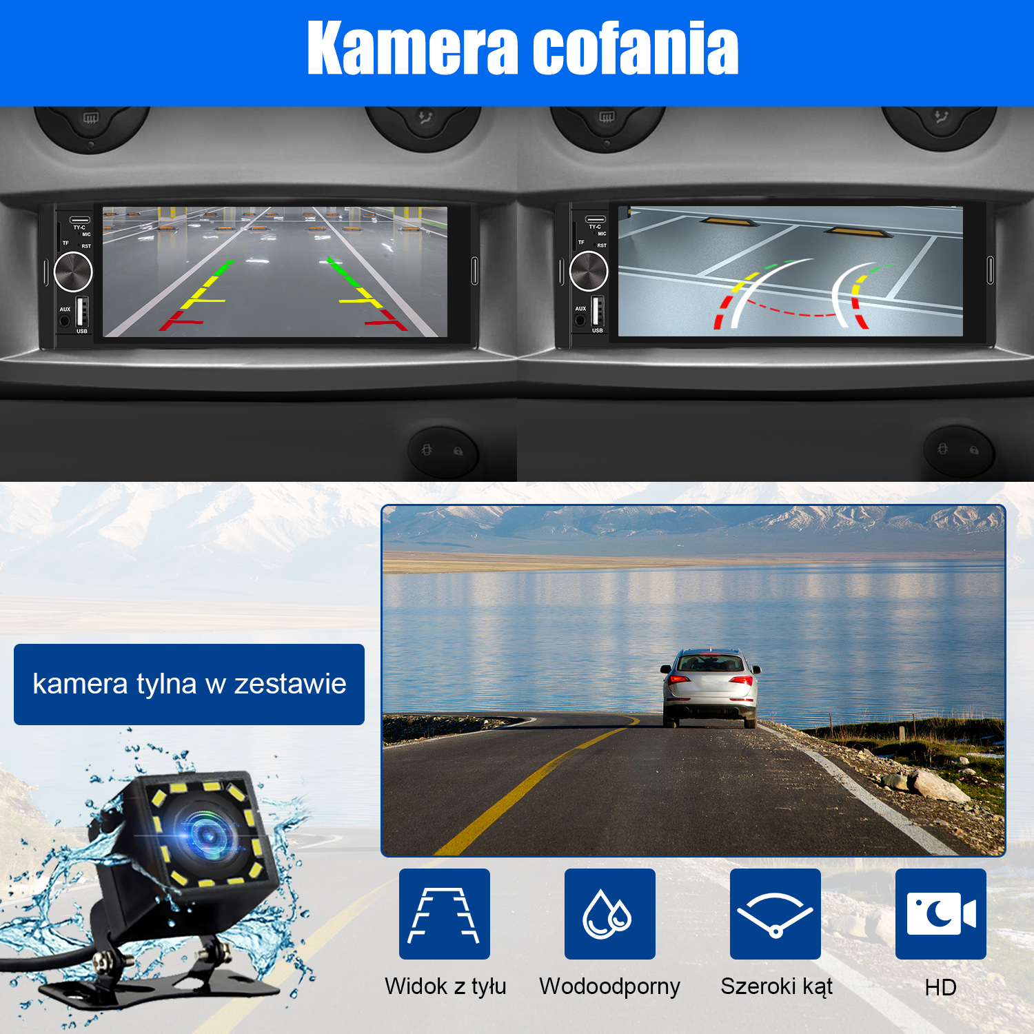 Obrazy pokazujące widok kamery cofania samochodu na ekranie, z kamerą i sceną drogową.