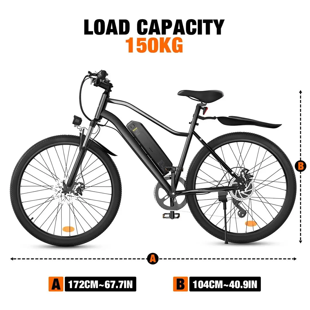 Czarny rower elektryczny o wymiarach 172 cm x 67,7 cala i 104 cm x 40,9 cala.