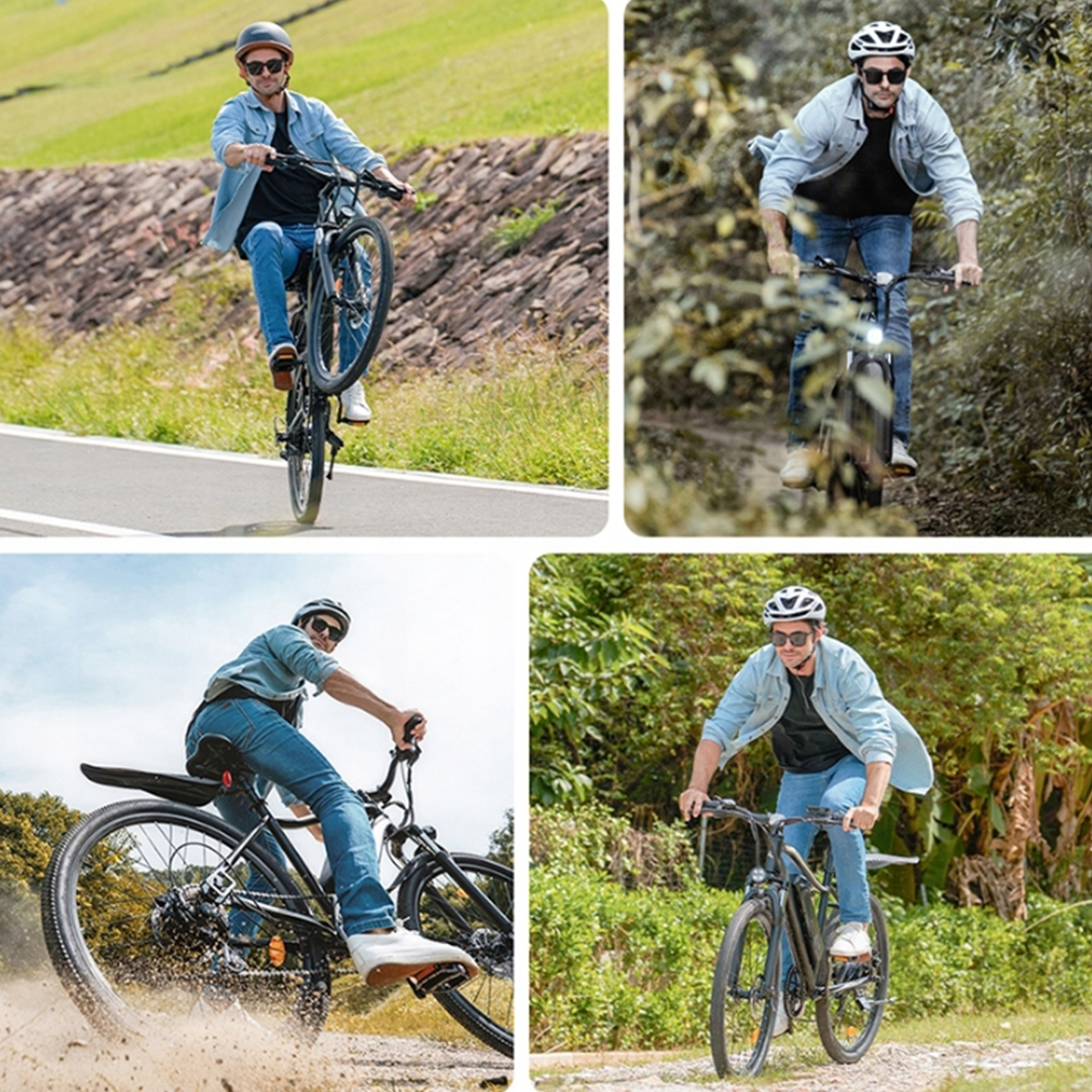 Kolaż czterech zdjęć mężczyzny jadącego czarnym rowerem w różnych plenerach.