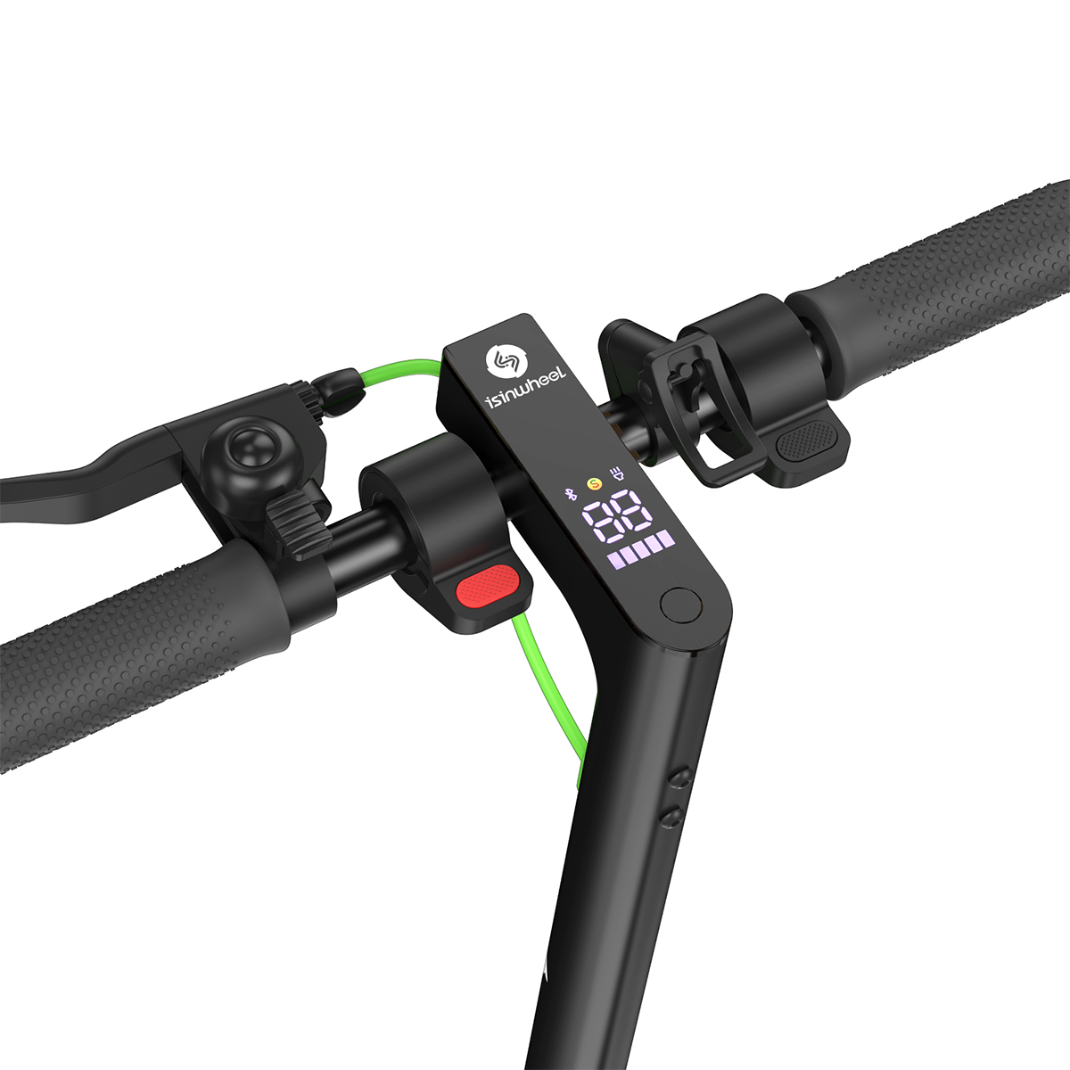 Zbliżenie kierownicy hulajnogi elektrycznej z wyświetlaczem i elementami sterującymi.