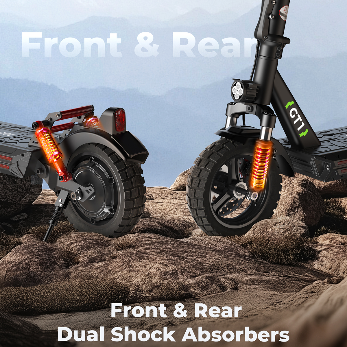Widok z przodu i z tyłu hulajnogi elektrycznej z podwójnymi amortyzatorami.