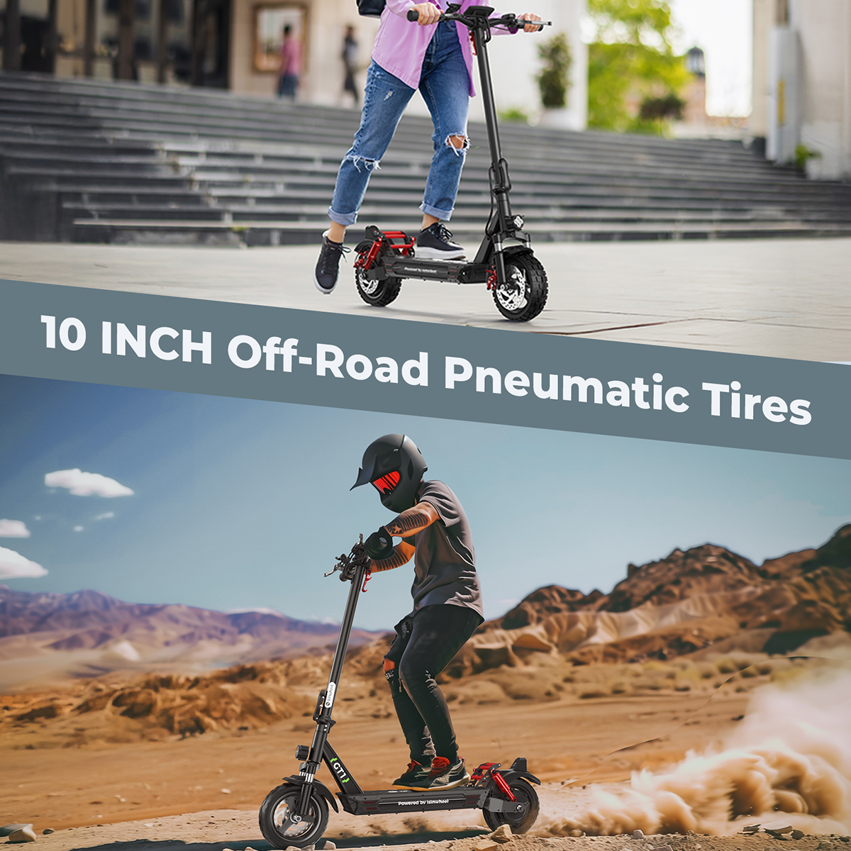 Dwa obrazy: osoba jadąca na hulajnodze na ścieżce, druga na pustynnym szlaku, z tekstem.