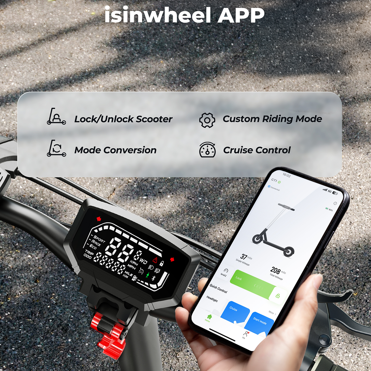 Osoba korzystająca ze smartfona z interfejsem aplikacji dla skutera elektrycznego.