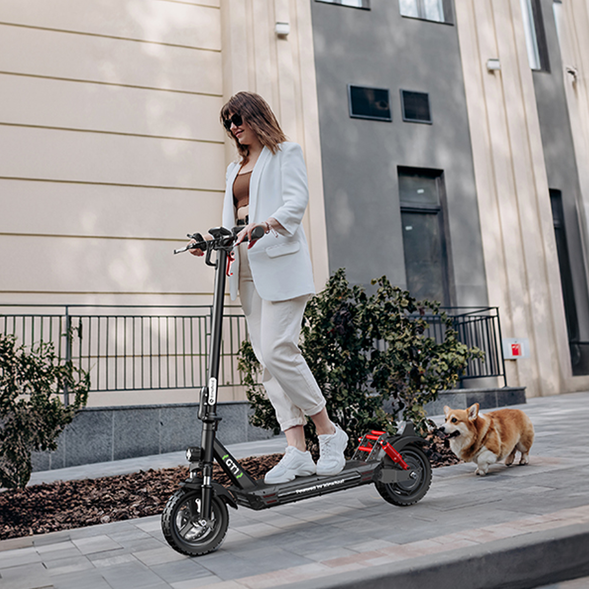 Kobieta jadąca na hulajnodze elektrycznej. Pies biegnie obok niej na ulicy.