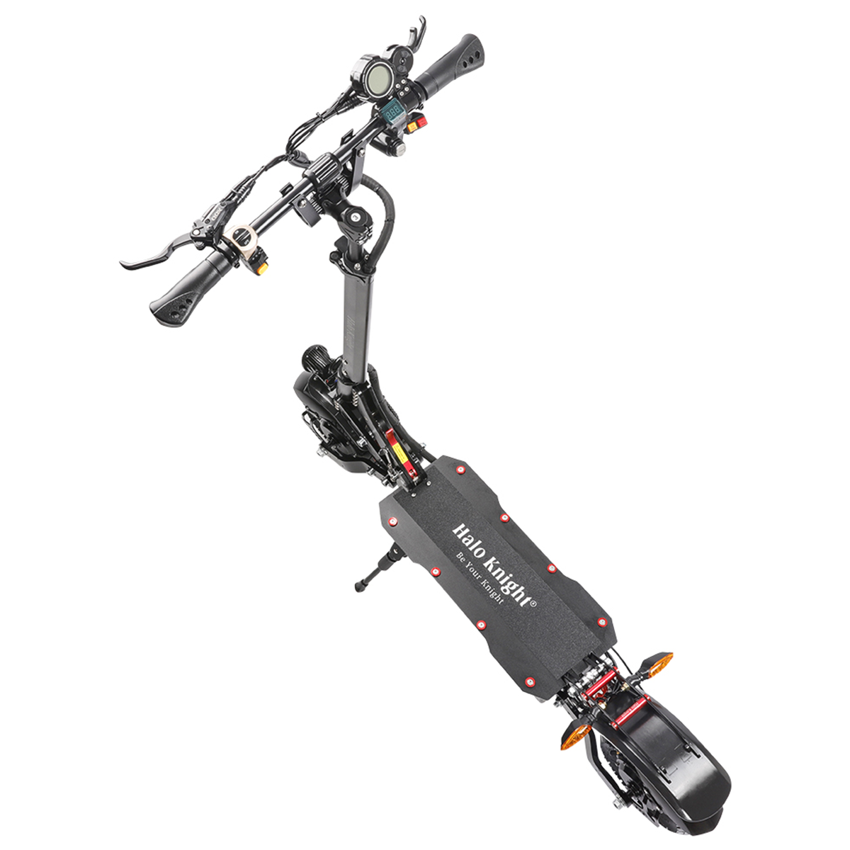 Widok z góry na czarną hulajnogę elektryczną na białej powierzchni.