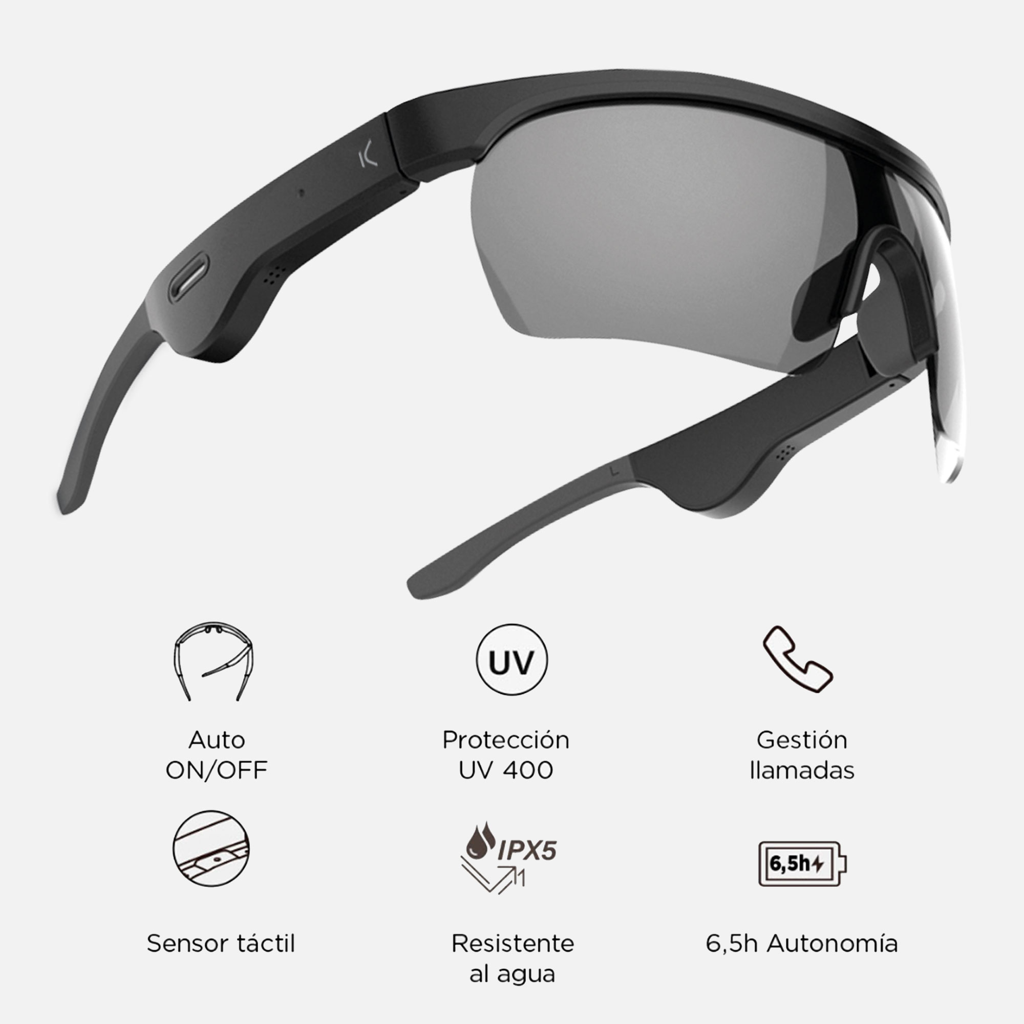 Occhiali da sole neri con testo: 'Auto ON/OFF', 'Protezione UV', 'IPX5', '6,5h Batteria'.