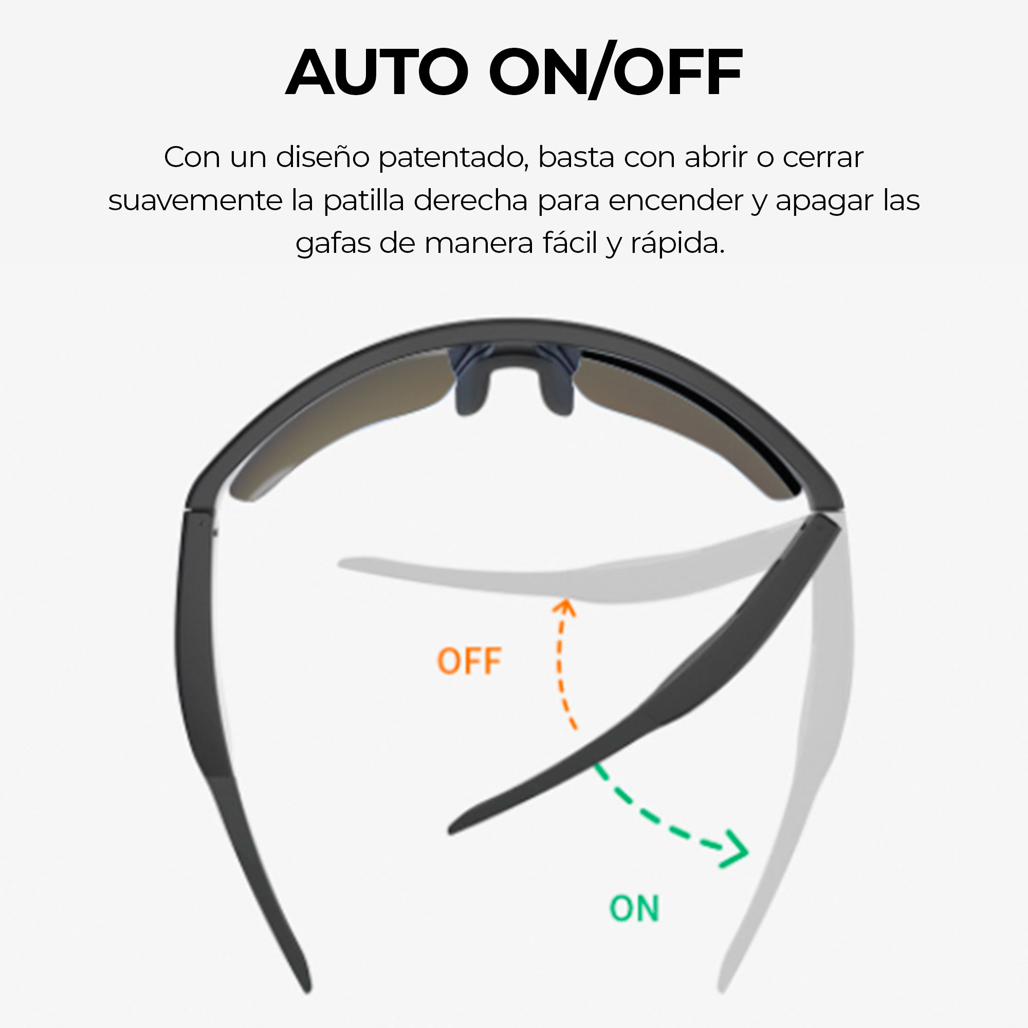 Occhiali da sole con un diagramma che mostra l'accensione/spegnimento automatico. Gli occhiali si aprono e si chiudono con frecce.