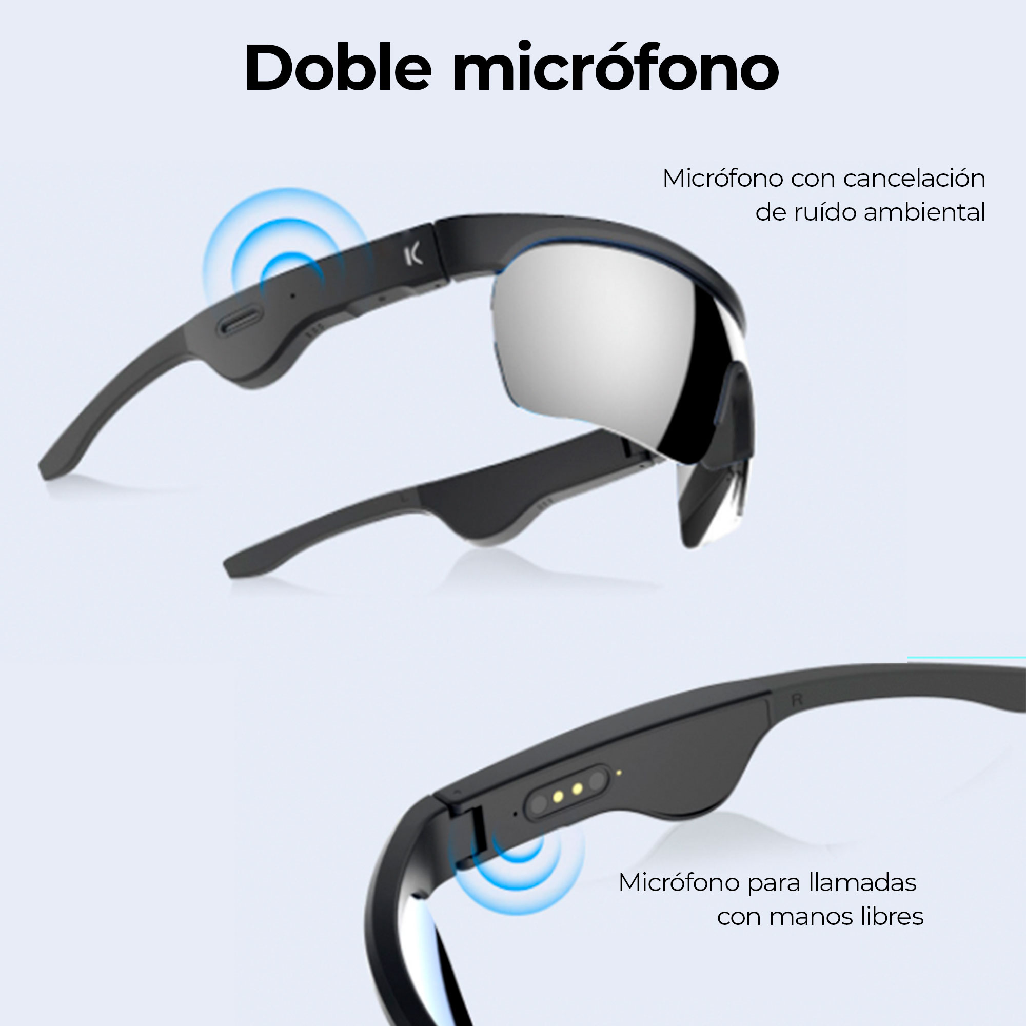 Occhiali intelligenti con microfoni. Uno per le chiamate, uno per l'eliminazione del rumore.