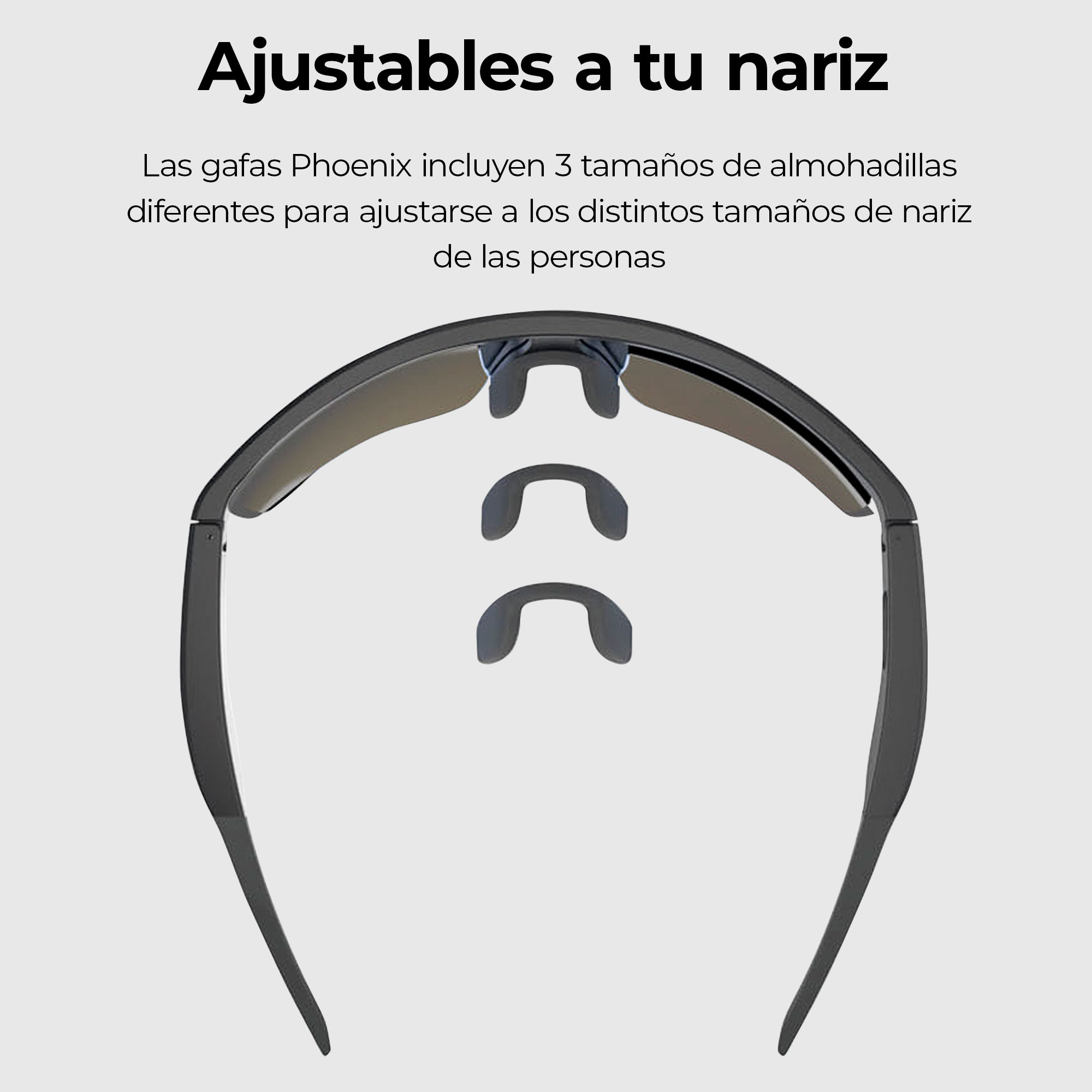 Occhiali da sole neri con naselli intercambiabili. Testo: 'Ajustables a tu nariz'.